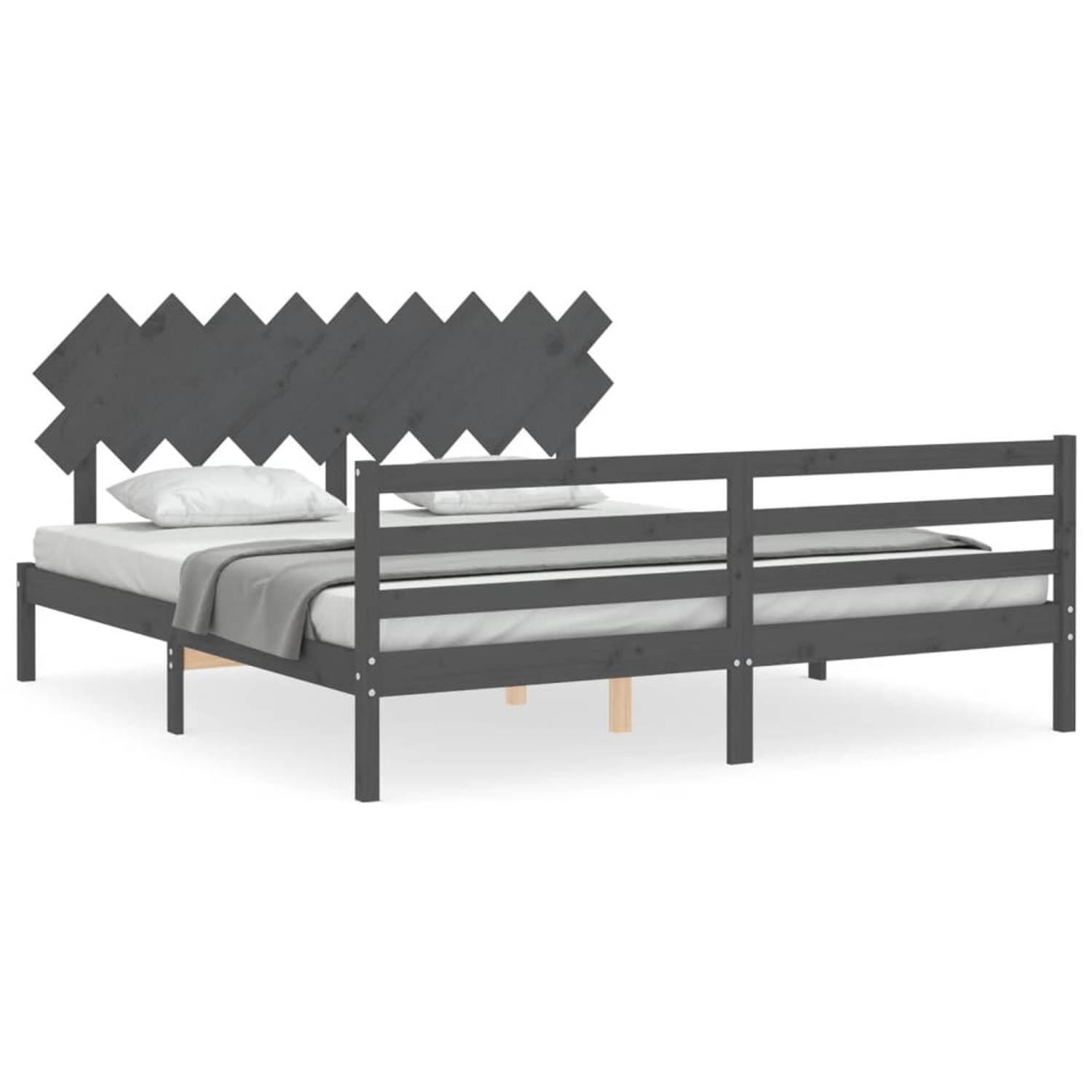 The Living Store Bedframe met hoofdbord massief hout grijs 6FT Super King - Bedframe - Bedframes - Bed - Tweepersoonsbed - Slaapkamermeubel - Houten Bedframe - Houten Bed - Bedbode