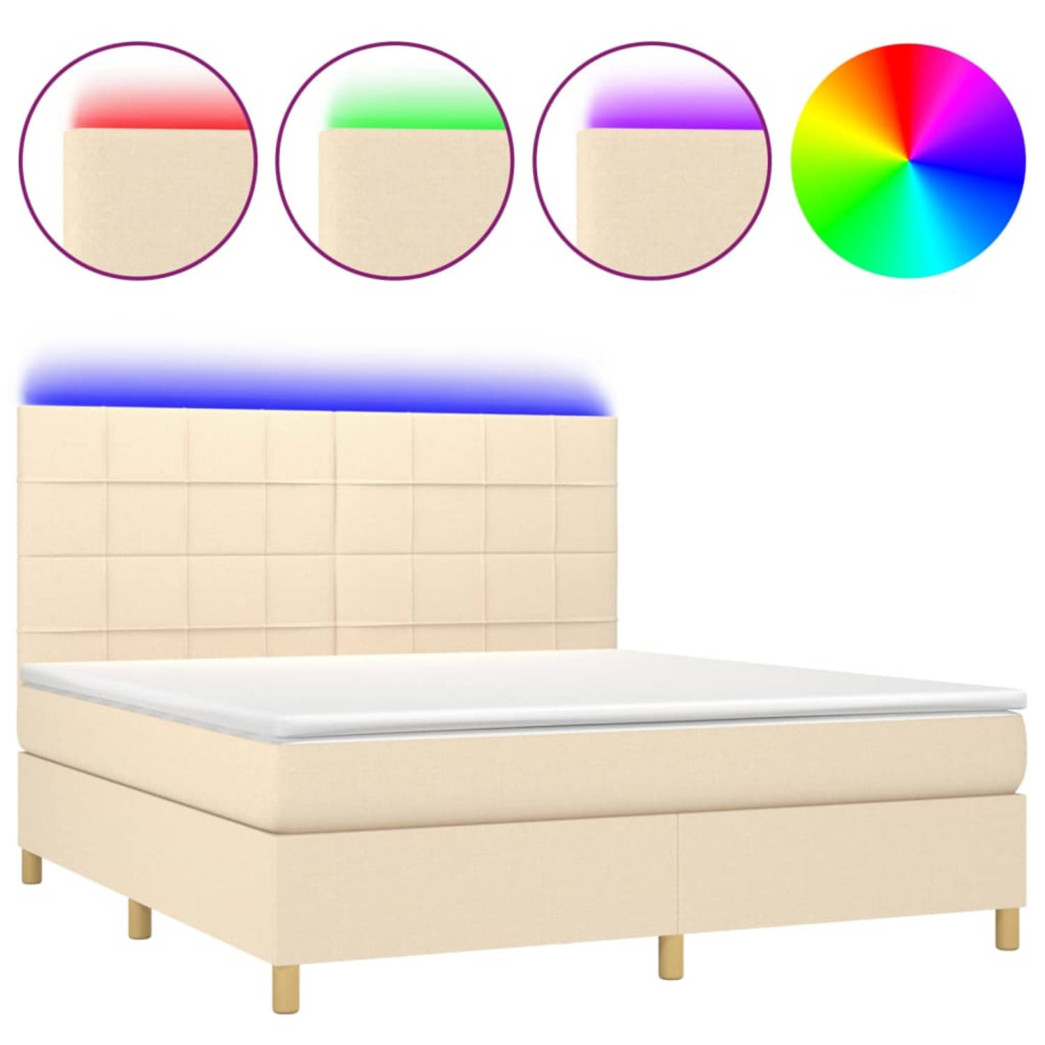 The Living Store Boxspring - Bed met Matras en LED - 203 x 160 x 118/128 cm - Crème - Pocketvering Matras - Huidvriendelijk Topmatras - Incl - 2 LED-strips