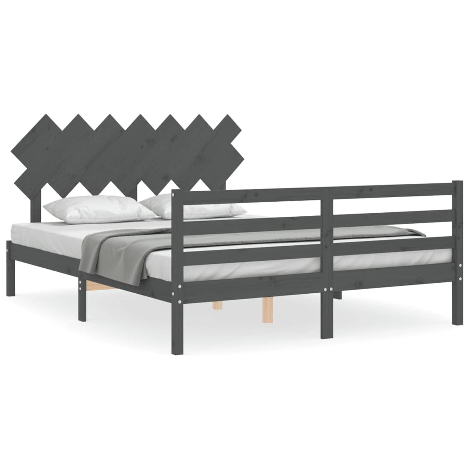 The Living Store Bedframe met hoofdbord massief hout grijs 140x200 cm - Bedframe - Bedframes - Bed - Tweepersoonsbed - Slaapkamermeubel - Houten Bedframe - Houten Bed - Bedbodem -