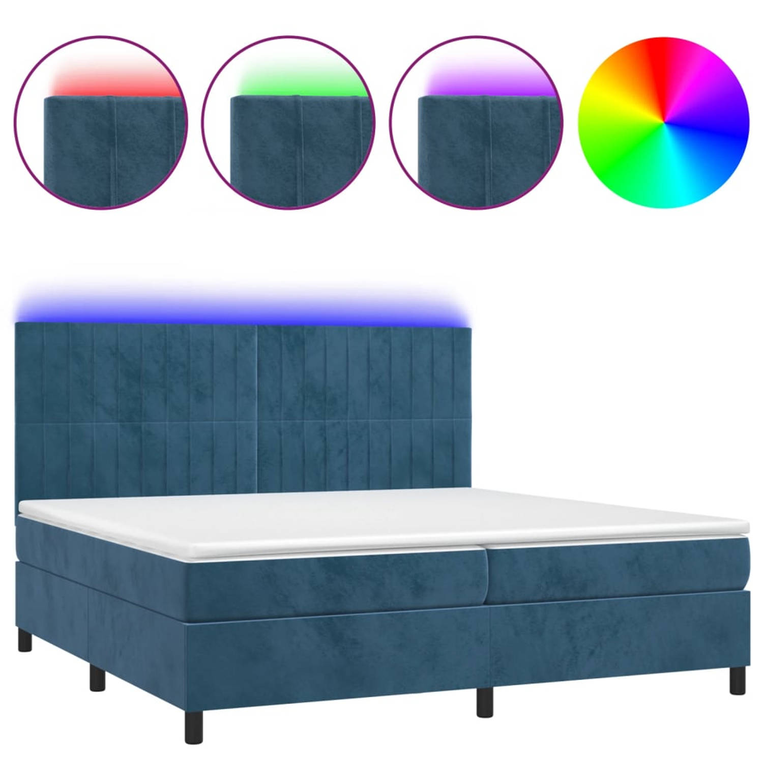 The Living Store Boxspring - fluweel - 203 x 200 x 118/128 cm - verstelbaar hoofdbord - LED-verlichting - pocketvering matras - huidvriendelijk topmatras - donkerblauw