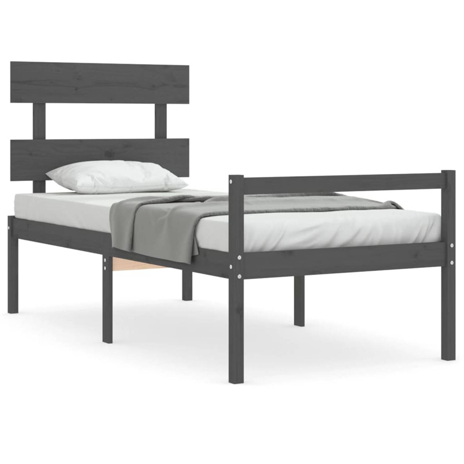 The Living Store Bedframe met hoofdbord massief hout grijs 100x200 cm - Bedframe - Bedframes - Bed - Eenpersoonsbed - Slaapkamermeubel - Houten Bedframe - Houten Bed - Bedbodem - M