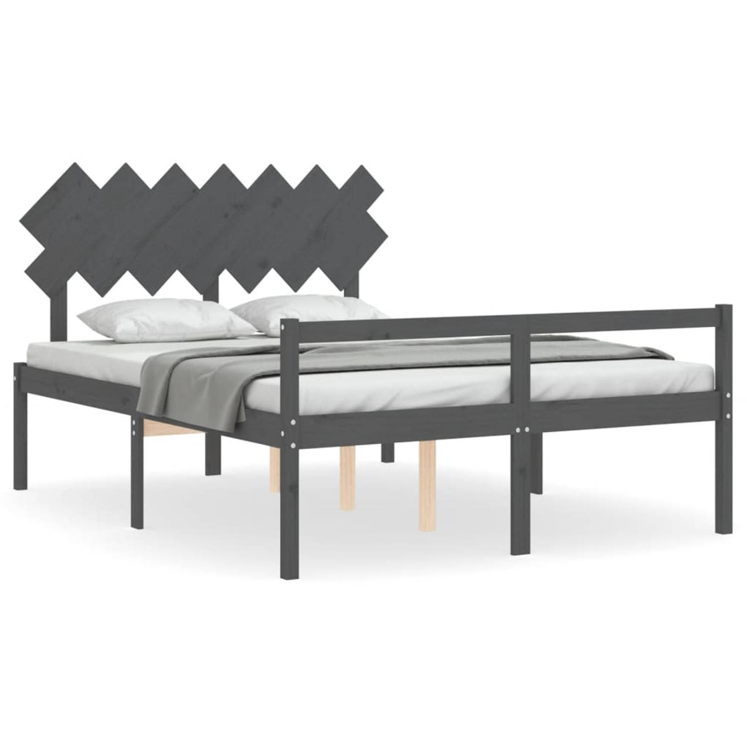 The Living Store Bedframe met hoofdbord massief hout grijs 5 FT King - Bedframe - Bedframes - Bed - Tweepersoonsbed - Slaapkamermeubel - Houten Bedframe - Houten Bed - Bedbodem - M