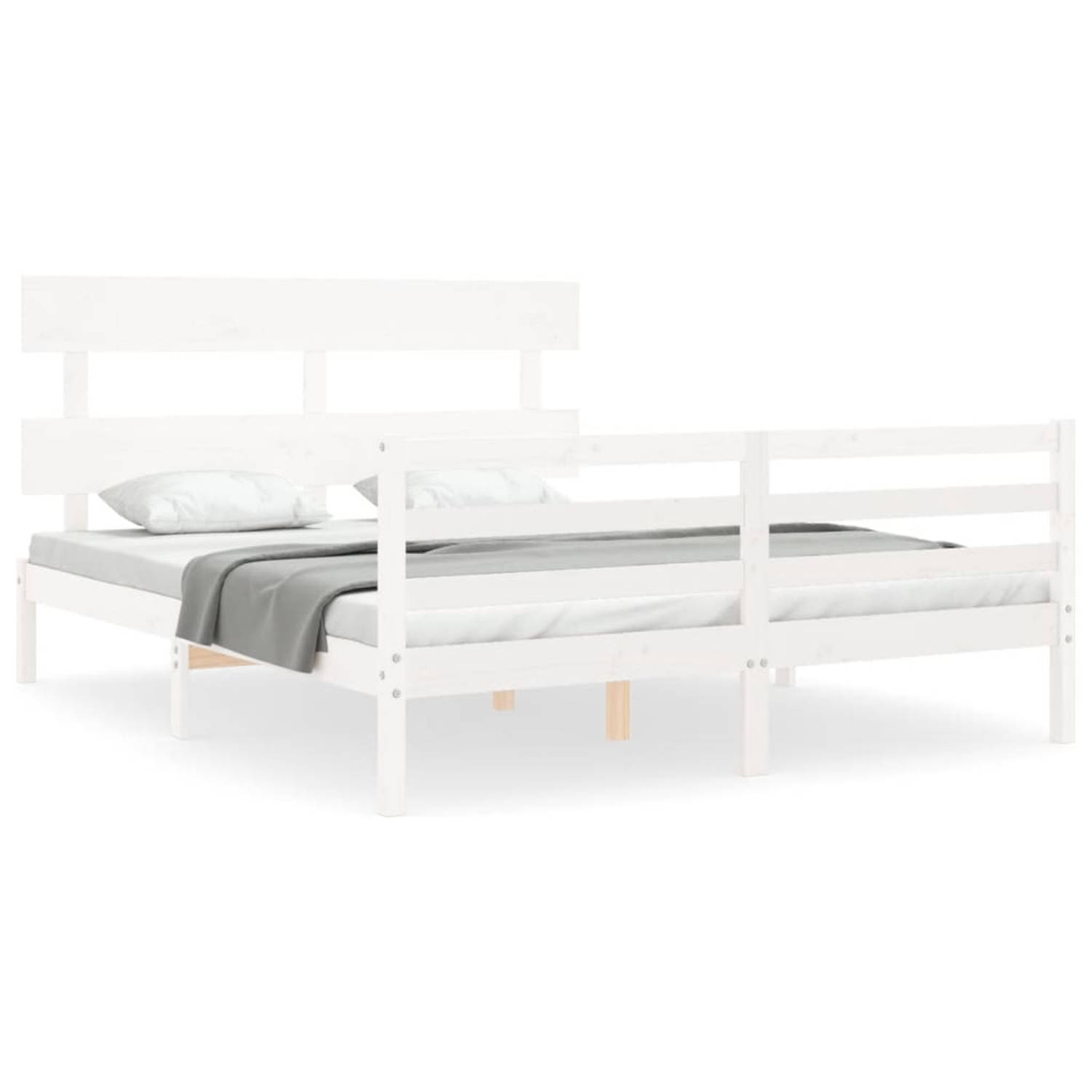 The Living Store Bedframe met hoofdbord massief hout wit 5 FT King Size - Bedframe - Bedframes - Bed - Tweepersoonsbed - Slaapkamermeubel - Houten Bedframe - Houten Bed - Bedbodem