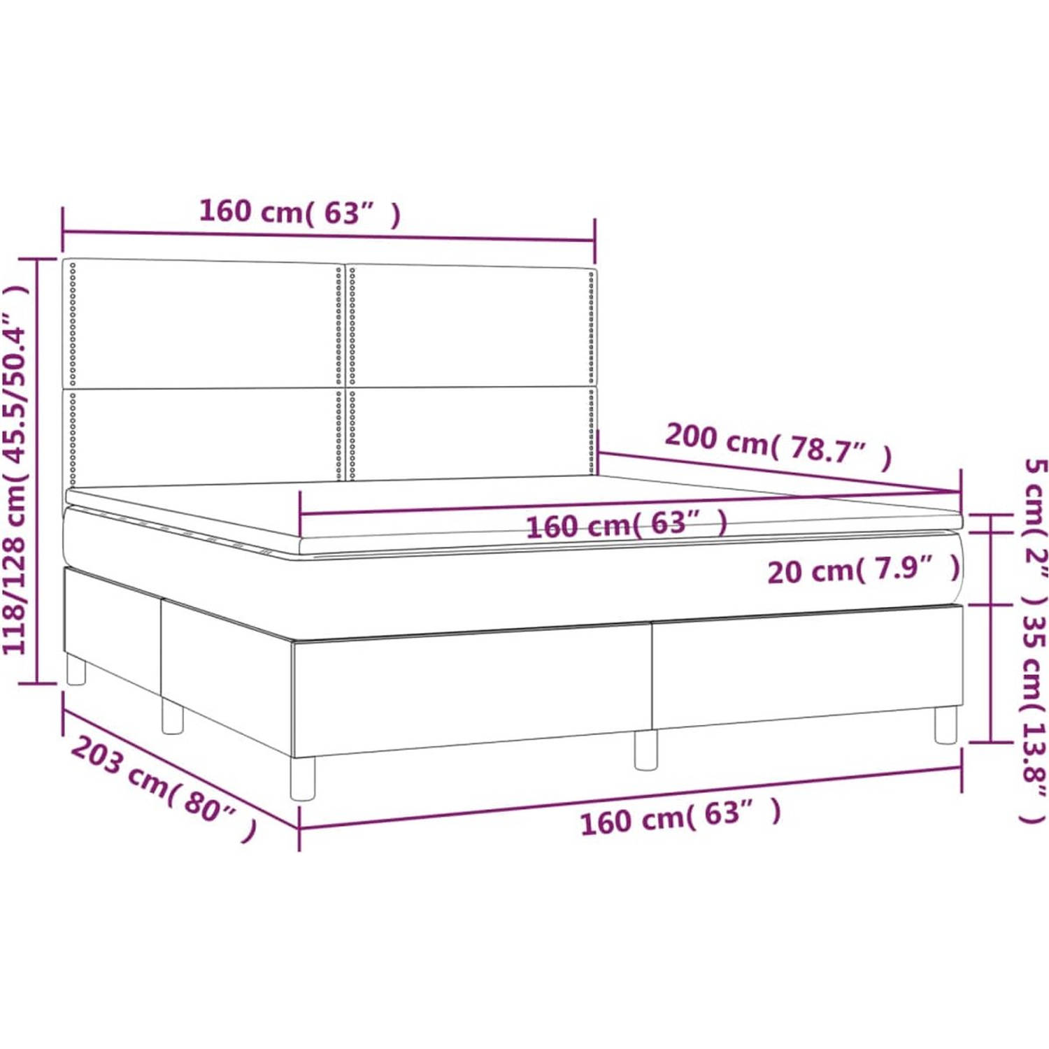 The Living Store Bed Zwarte Boxspring - 203 x 160 x 118/128 cm - LED - Pocketvering 160 x 200 - Dubbel topmatras inclusief LED-strips