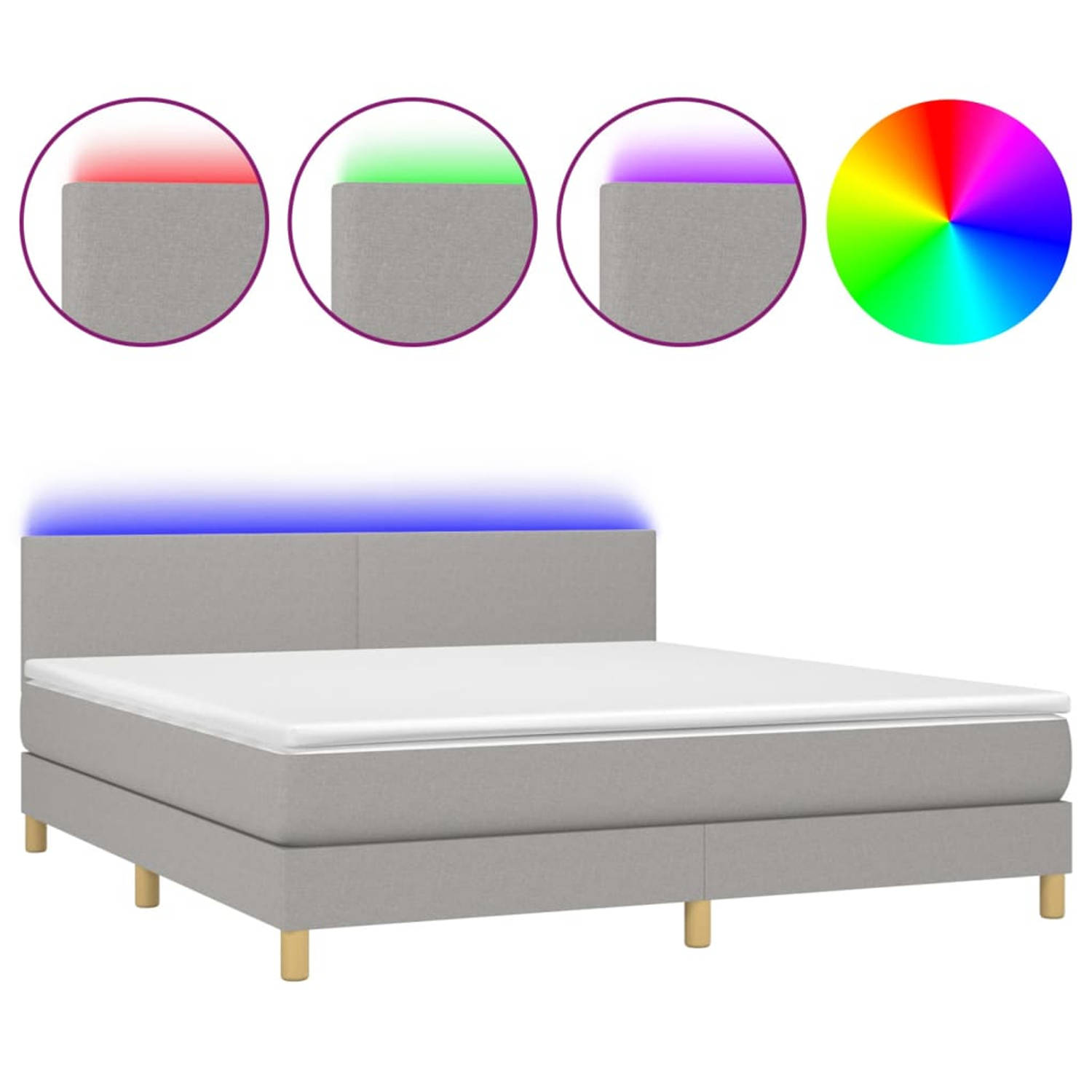 The Living Store Boxspring Bed - LED - Pocketvering Matras - Huidvriendelijk Topmatras - Lichtgrijs - 203x160x78/88cm - 160x200x20cm - 160x200x5cm - 2 LED-strips