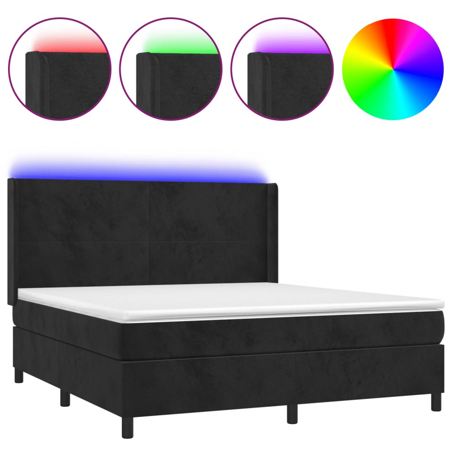 The Living Store Boxspring Bed - Zwart fluweel - 203 x 163 x 118/128 cm - Verstelbaar hoofdbord - Kleurrijke LED-verlichting - Pocketvering matras - Huidvriendelijk topmatras - USB