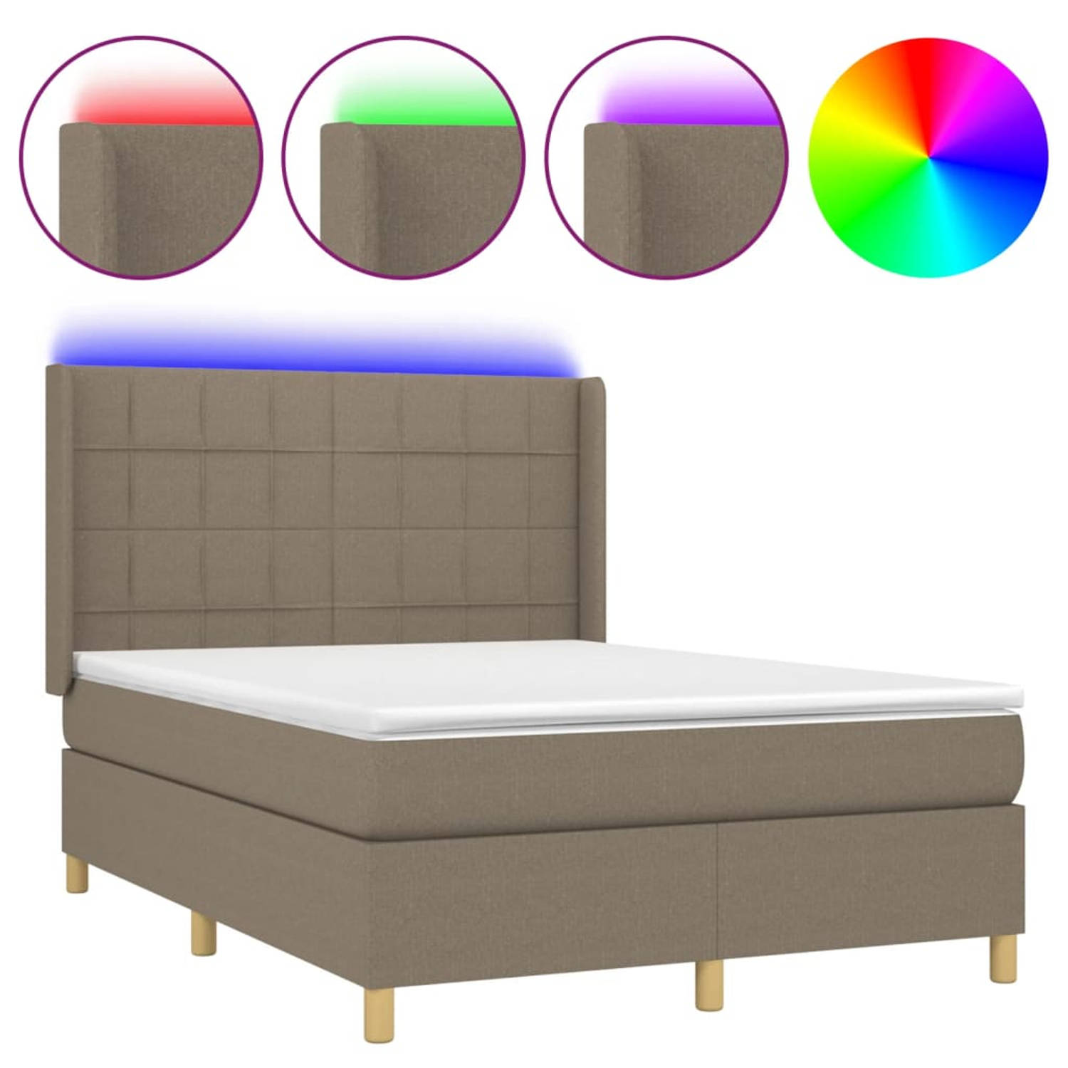 The Living Store Boxspring Bed - Taupe - 140x200 cm - Verstelbaar hoofdbord - LED-verlichting - Pocketvering matras -