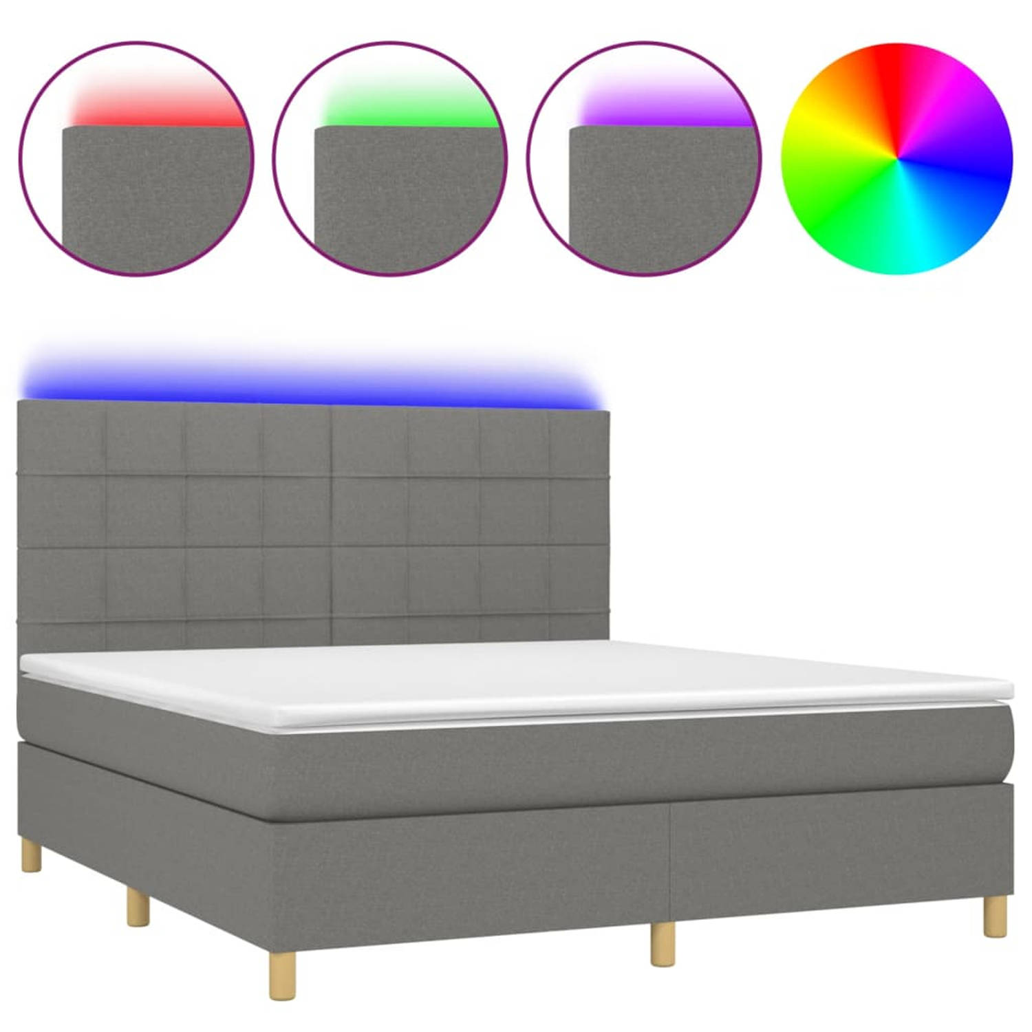 The Living Store Boxspring Bed - Donkergrijs - 203 x 160 x 118/128 cm - Verstelbaar hoofdbord - Kleurrijke LED-verlichting - Pocketvering matras - Huidvriendelijk topmatras - Inclu