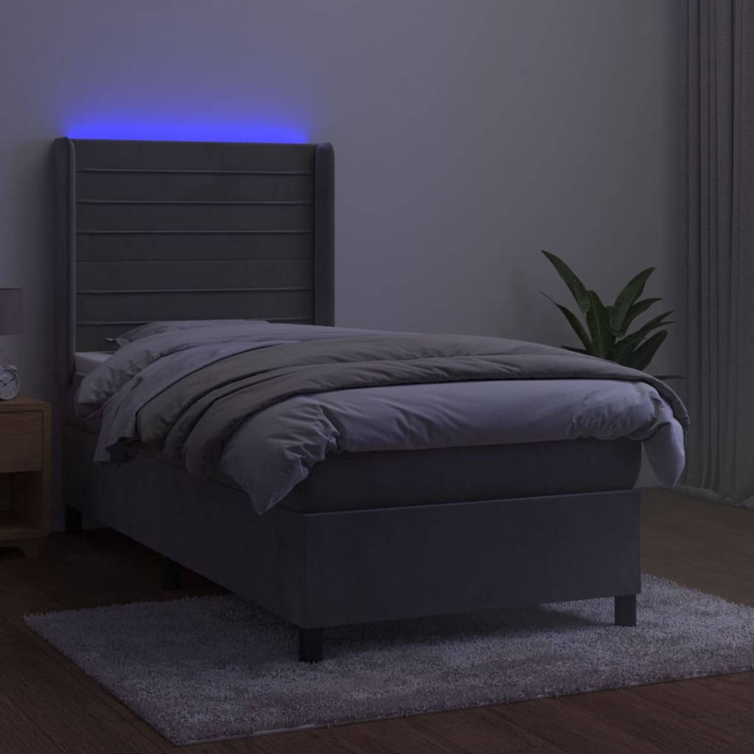 The Living Store Bed Frame - Fluweel - Pocketvering Matras - Huidvriendelijk Topmatras - LED - Lichtgrijs - 203x103x118/128cm