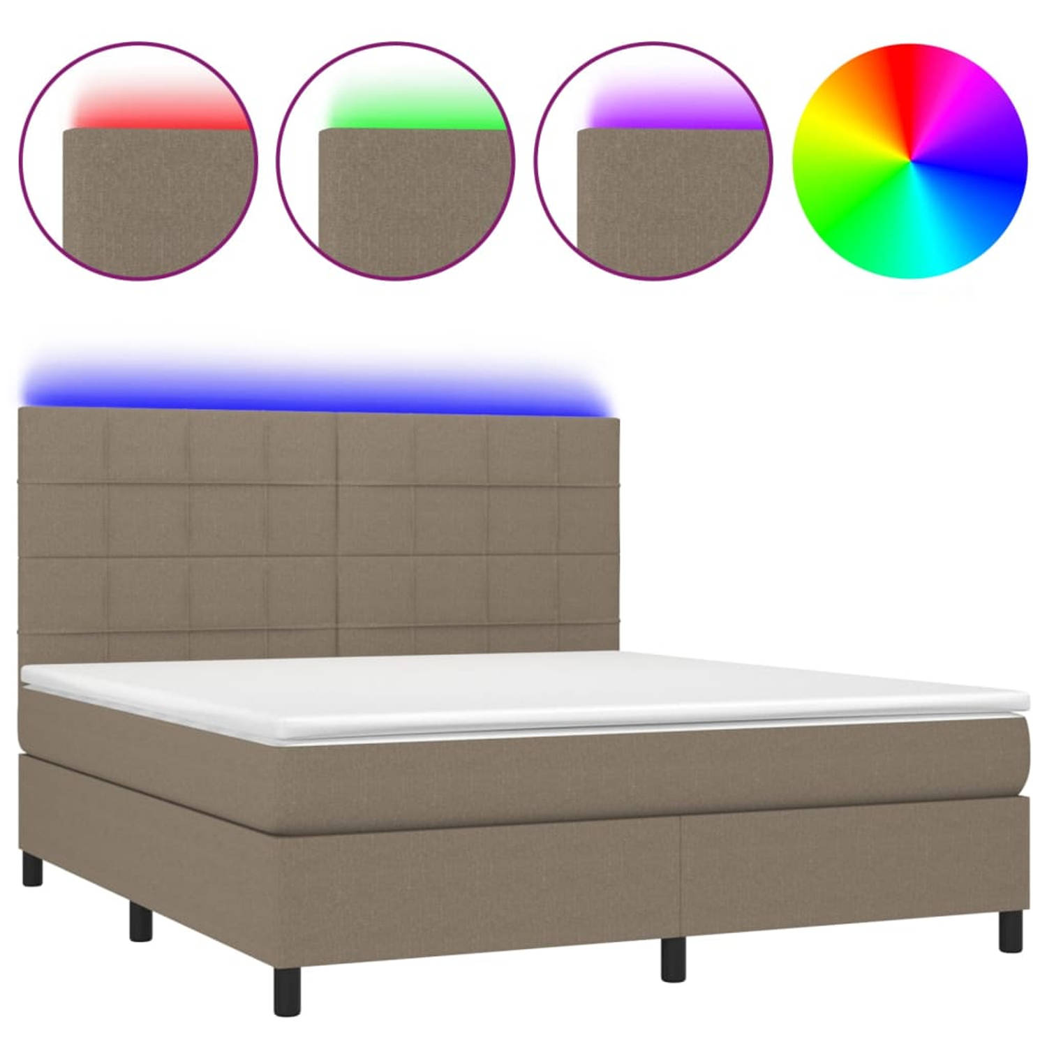 The Living Store Boxspring Bed met LED - 203x160x118/128 cm - taupe - pocketvering matras - huidvriendelijk topmatras - kleurrijke LED-verlichting