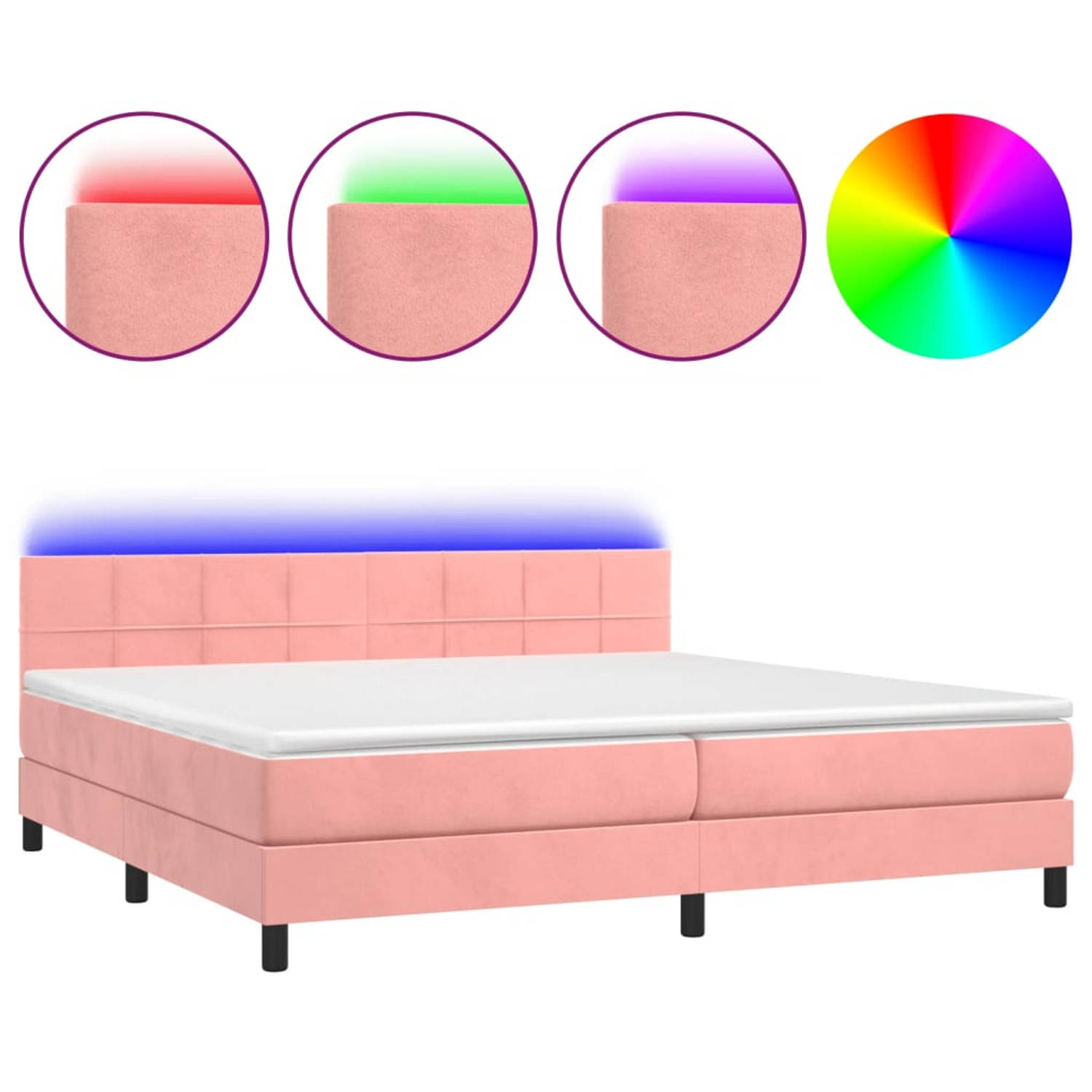 The Living Store Boxspring - Roze Fluweel Bed - 203x200x78/88 cm - Verstelbaar Hoofdbord - Kleurrijke LED-verlichting - Pocketvering Matras - Huidvriendelijk Topmatras - Inclusief
