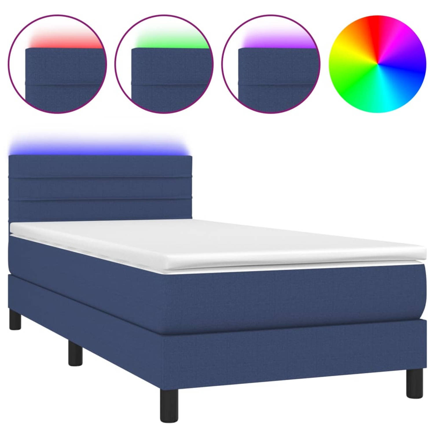The Living Store Boxspring Blauw LED - 203x100x78/88 cm - Duurzaam materiaal - Praktisch hoofdbord - Comfortabele ondersteuning - Kleurrijke LED-verlichting - Pocketvering matras -