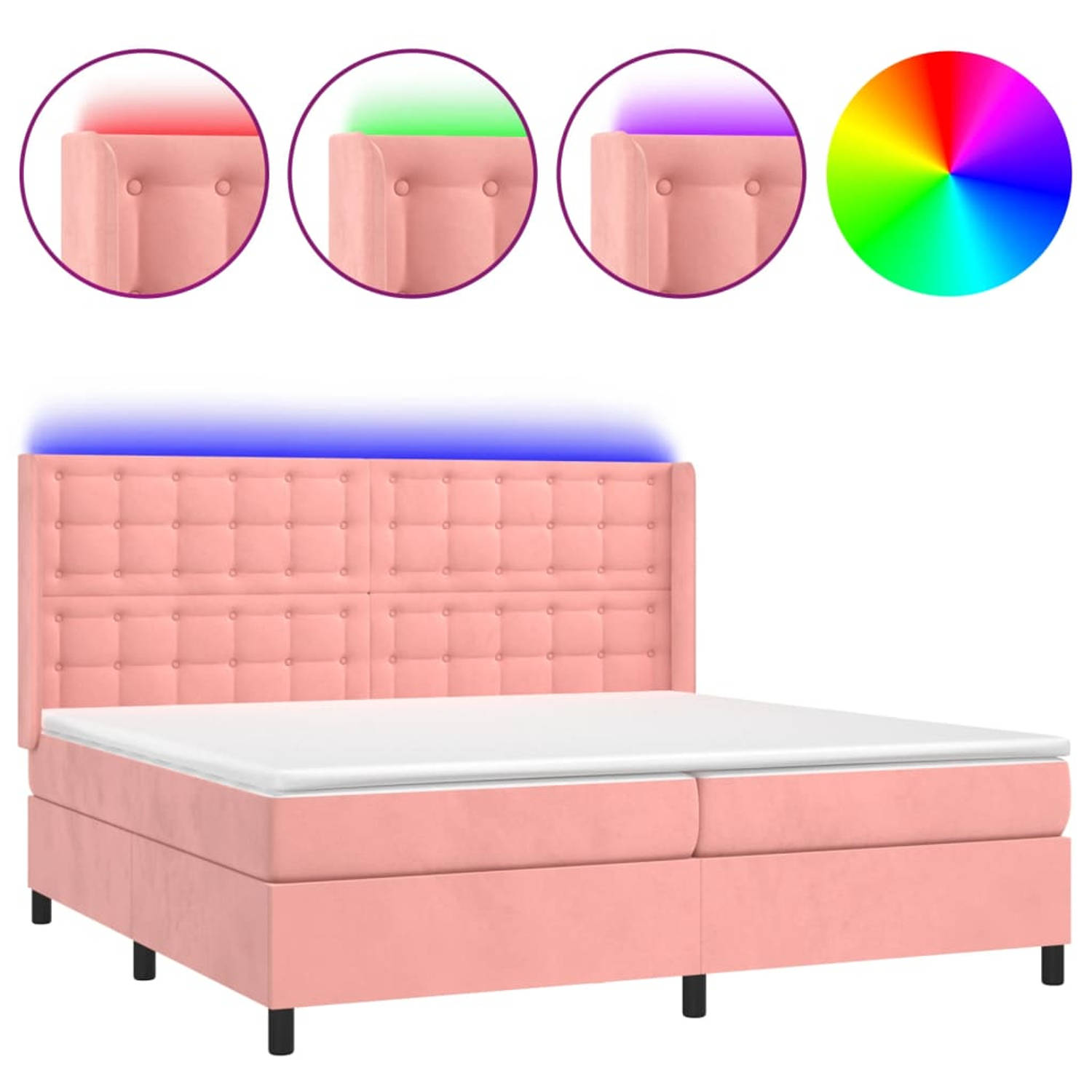 The Living Store Bedbox Roze fluwelen boxspring 203 x 203 x 118-128 cm LED-verlichting Pocketvering 