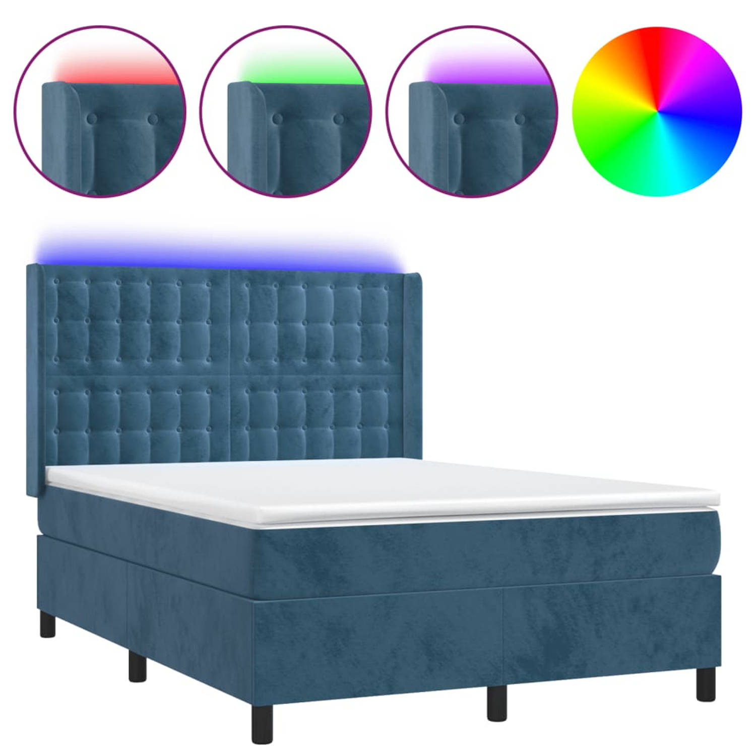 The Living Store Boxspring - Fluweel - LED - Pocketvering - Huidvriendelijk - Donkerblauw - 203x147x118/128 cm -