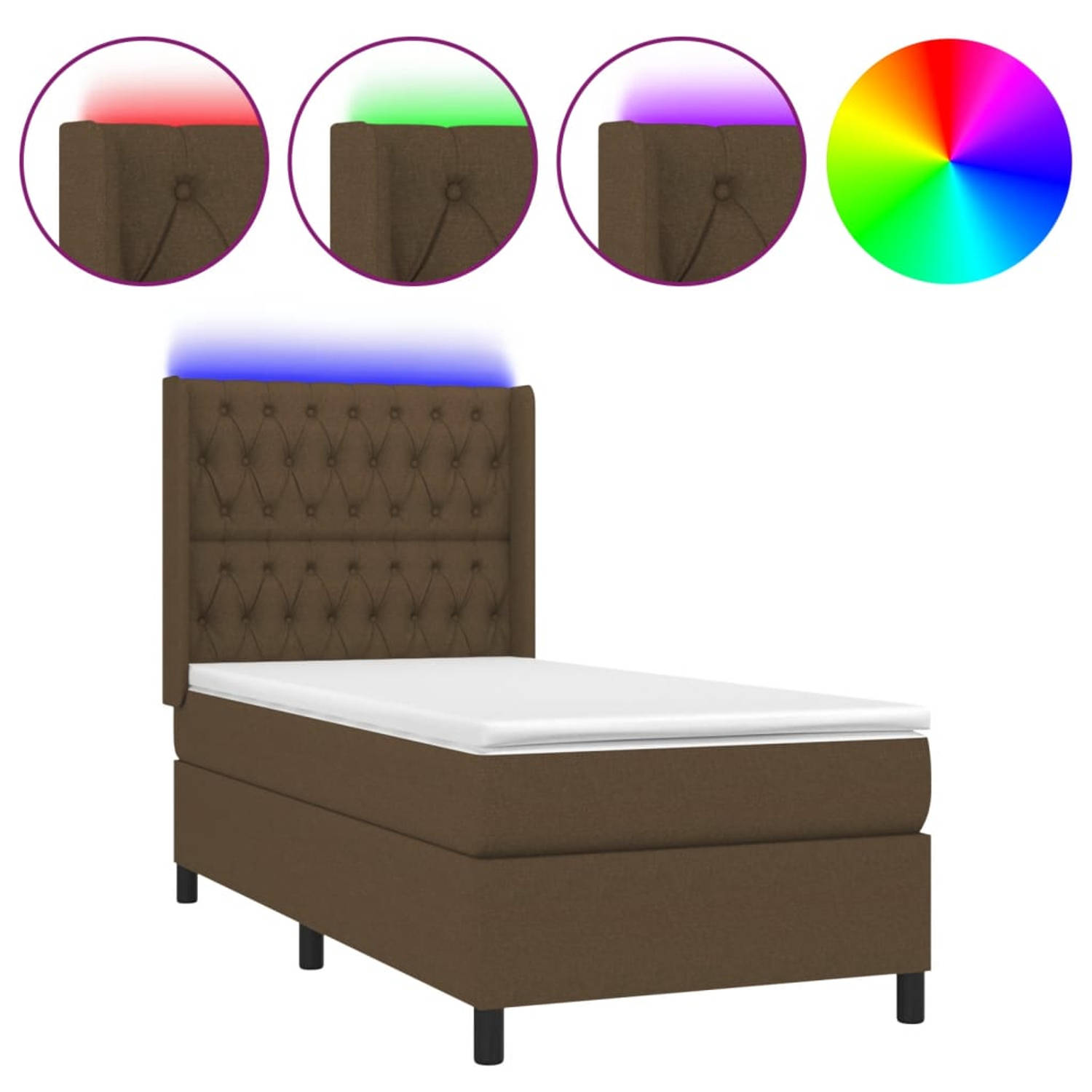 The Living Store Boxspring Bed - Donkerbruin - LED - 203x103x118/128 cm - Pocketvering matras - Huidvriendelijk topmatras