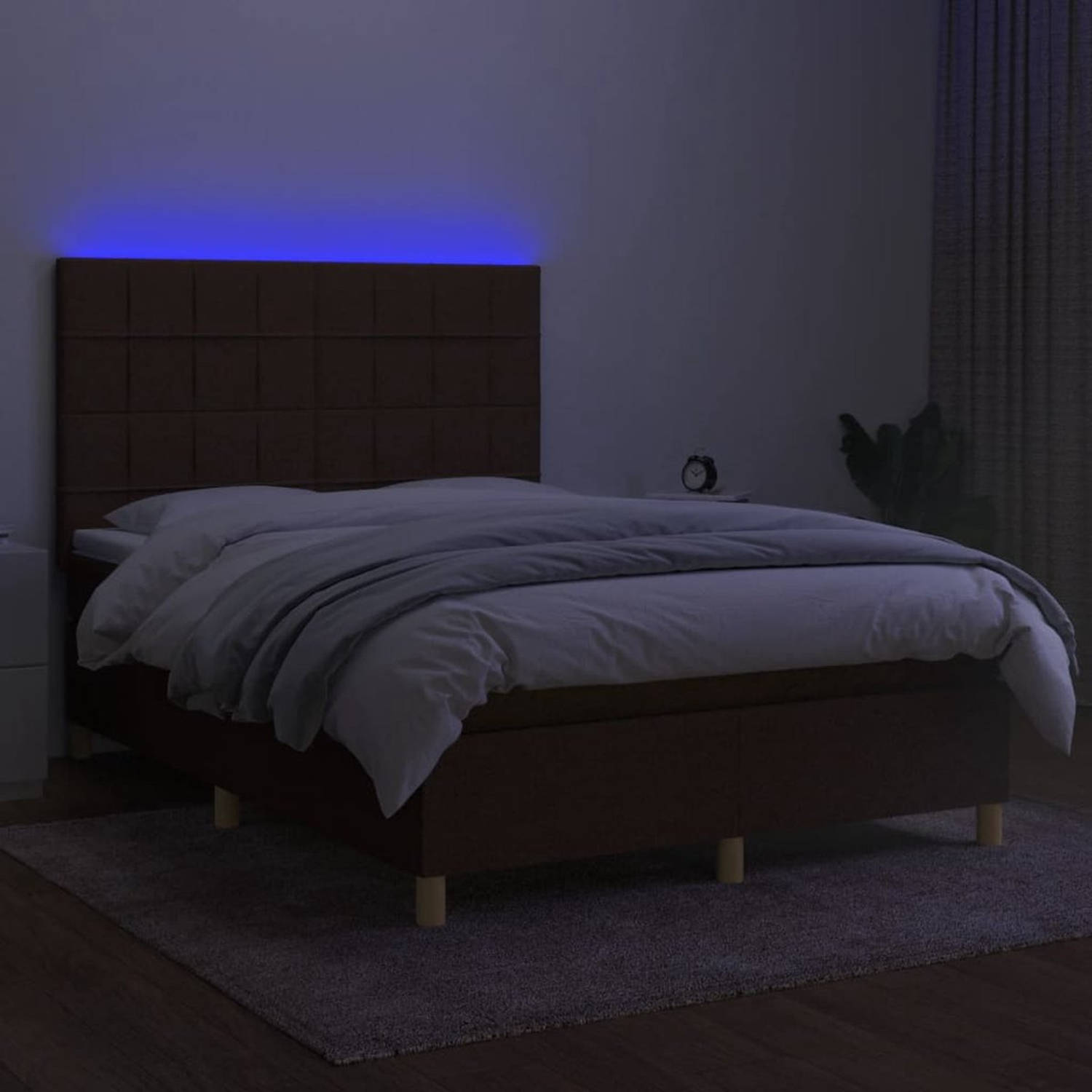 The Living Store Boxspring Donkerbruin 203x144x118/128cm - LED - Pocketvering matras 140x200x20cm - Huidvriendelijk topmatras 140x200x5cm - Met LED-strips