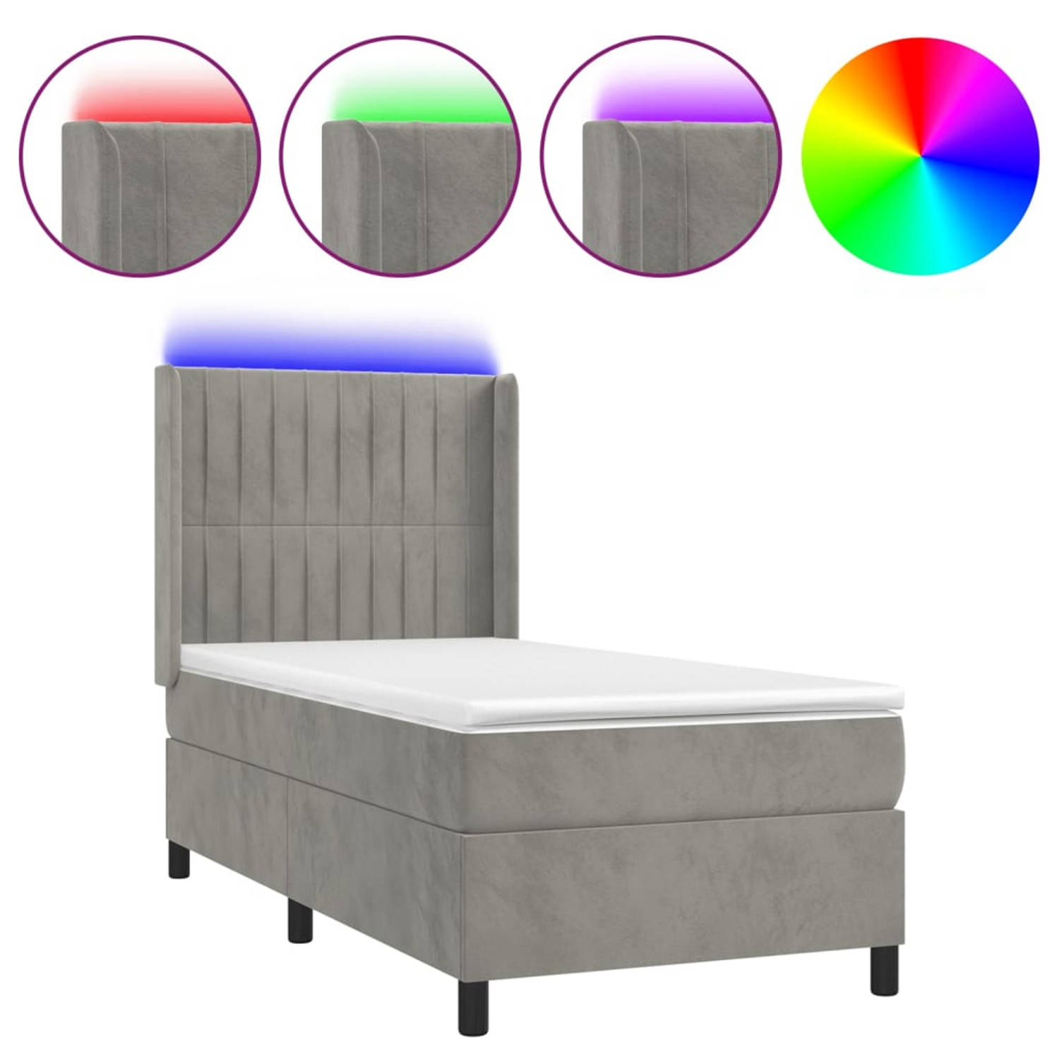 The Living Store Boxspring met matras en LED fluweel lichtgrijs 80x200 cm - Bed