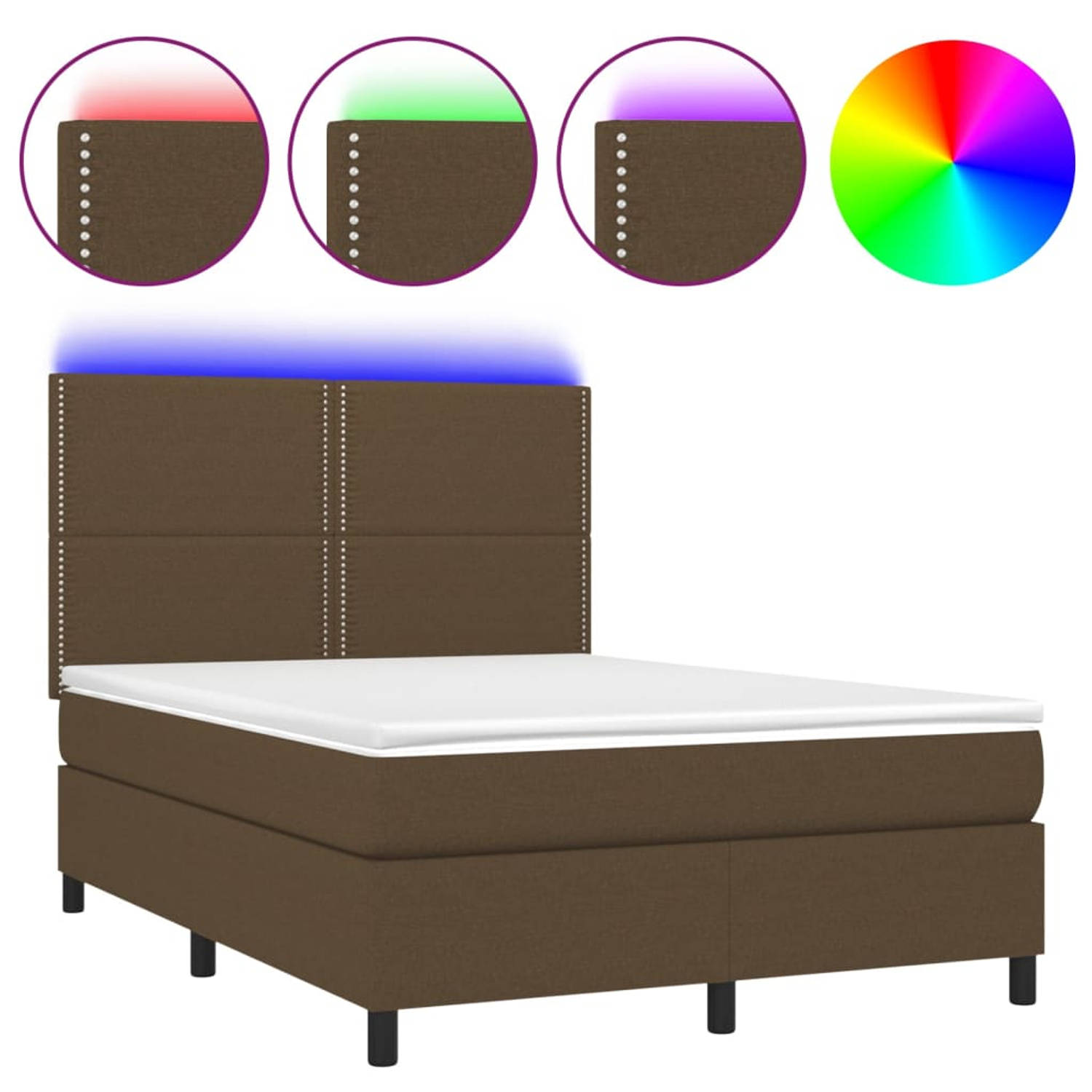 The Living Store Boxspring met matras en LED stof donkerbruin 140x190 cm - Bed