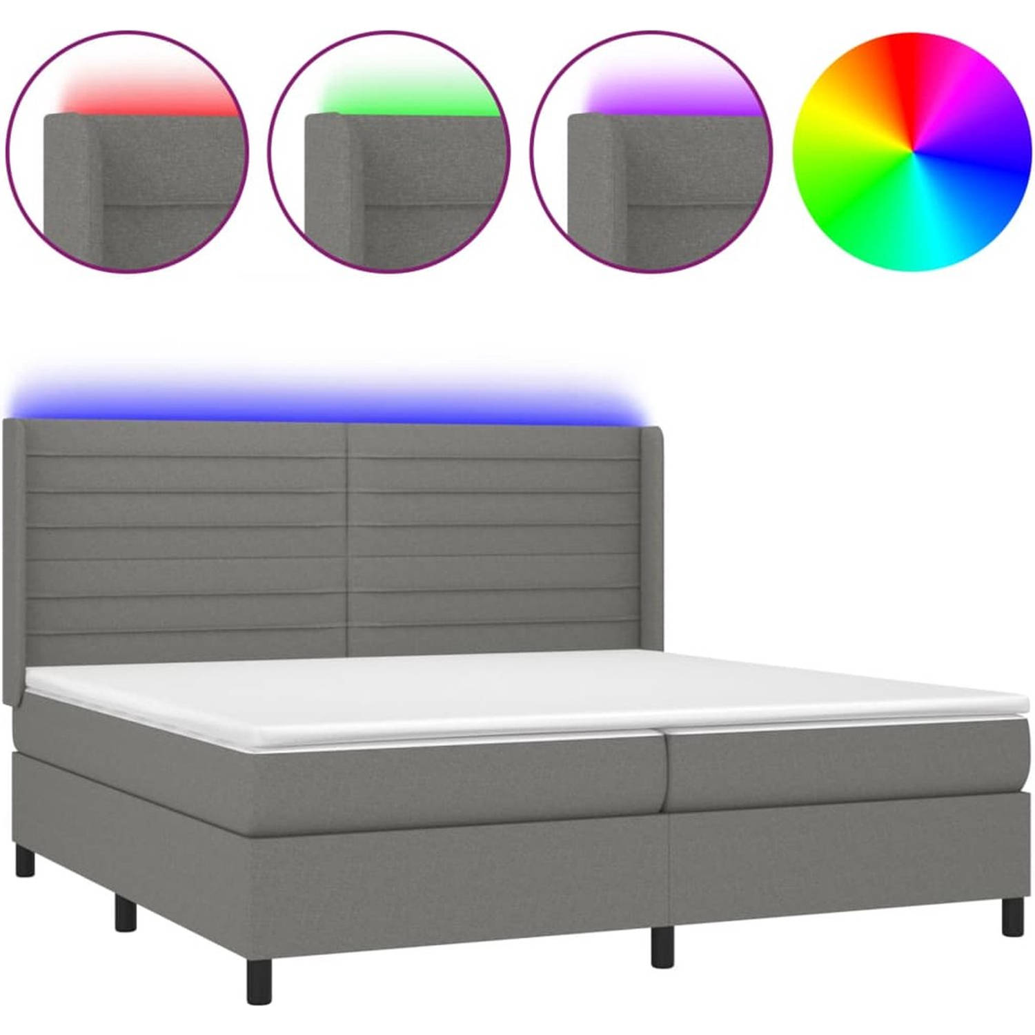 The Living Store Boxspring - LED - Duurzaam materiaal - Verstelbaar hoofdbord - Pocketvering matras - Huidvriendelijk topmatras - Kleurrijke LED-verlichting - 203 x 203 x 118/128 c