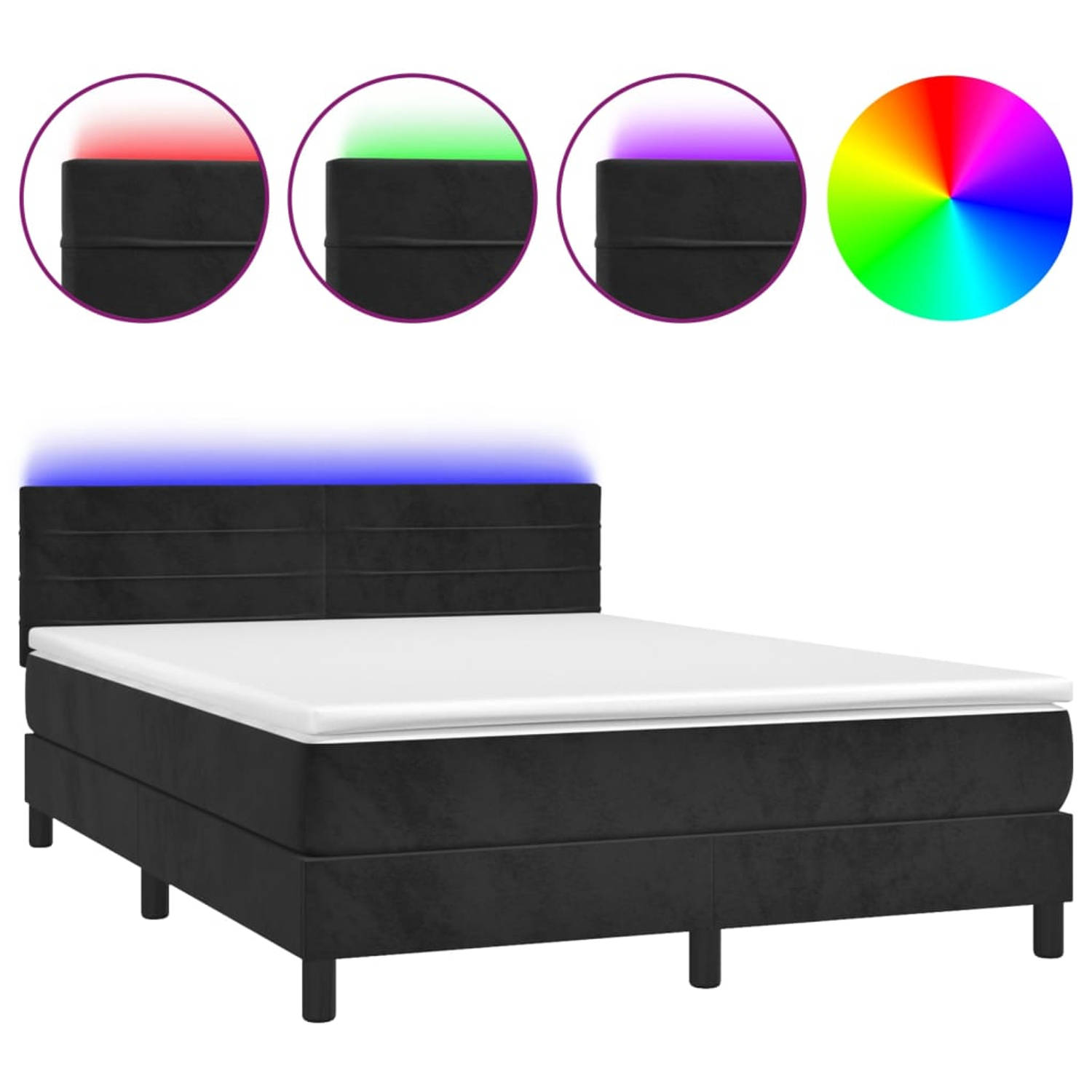 The Living Store Bed Frame - Zwart Fluweel LED 193x144 - Pocketvering Matras 140x190 - Topmatras 140x190 - Verstelbaar hoofdbord - Kleurrijke LED-verlichting - Huidvriendelijk