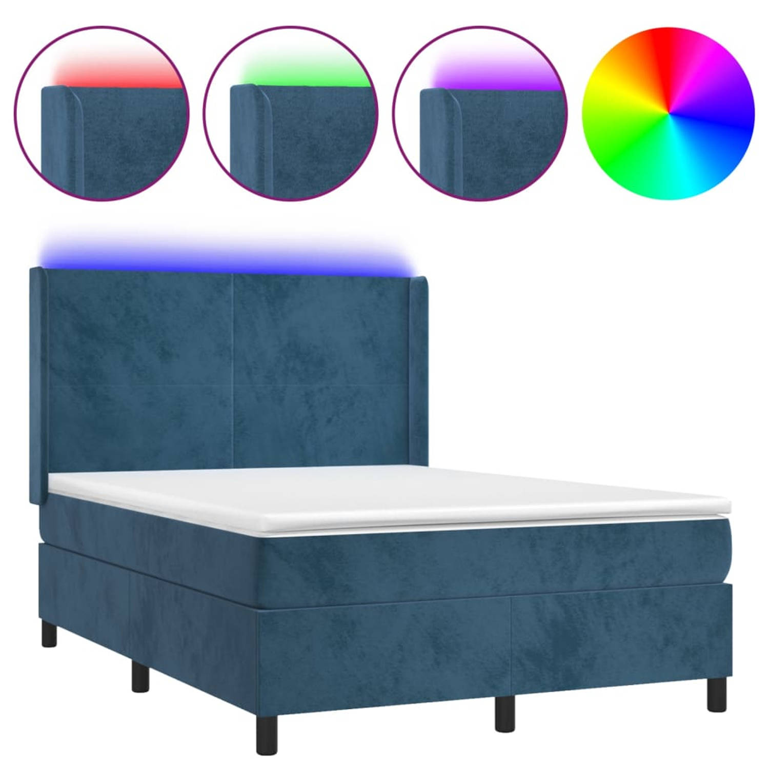 The Living Store Bed - Pocketvering Matras - Fluweel - LED-verlichting - Verstelbaar Hoofdbord - 203 x 147 x 118/128 cm - Donkerblauw