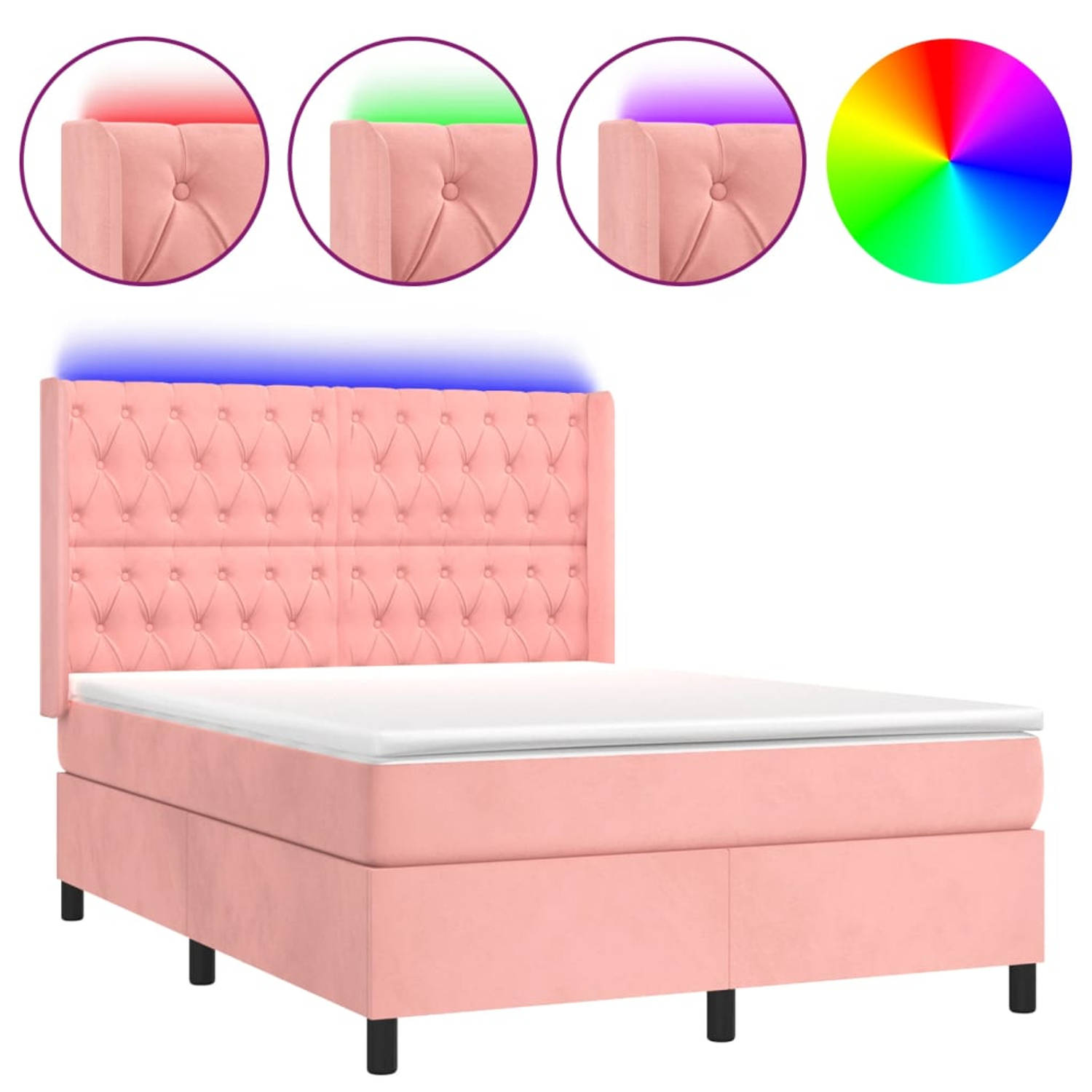 The Living Store Boxspring - Roze Fluweel Bed 203x147x118/128 cm - Hoofdbord instelbaar - LED-verlichting - Pocketvering matras - Huidvriendelijk topmatras - Inclusief 2 LED-strips