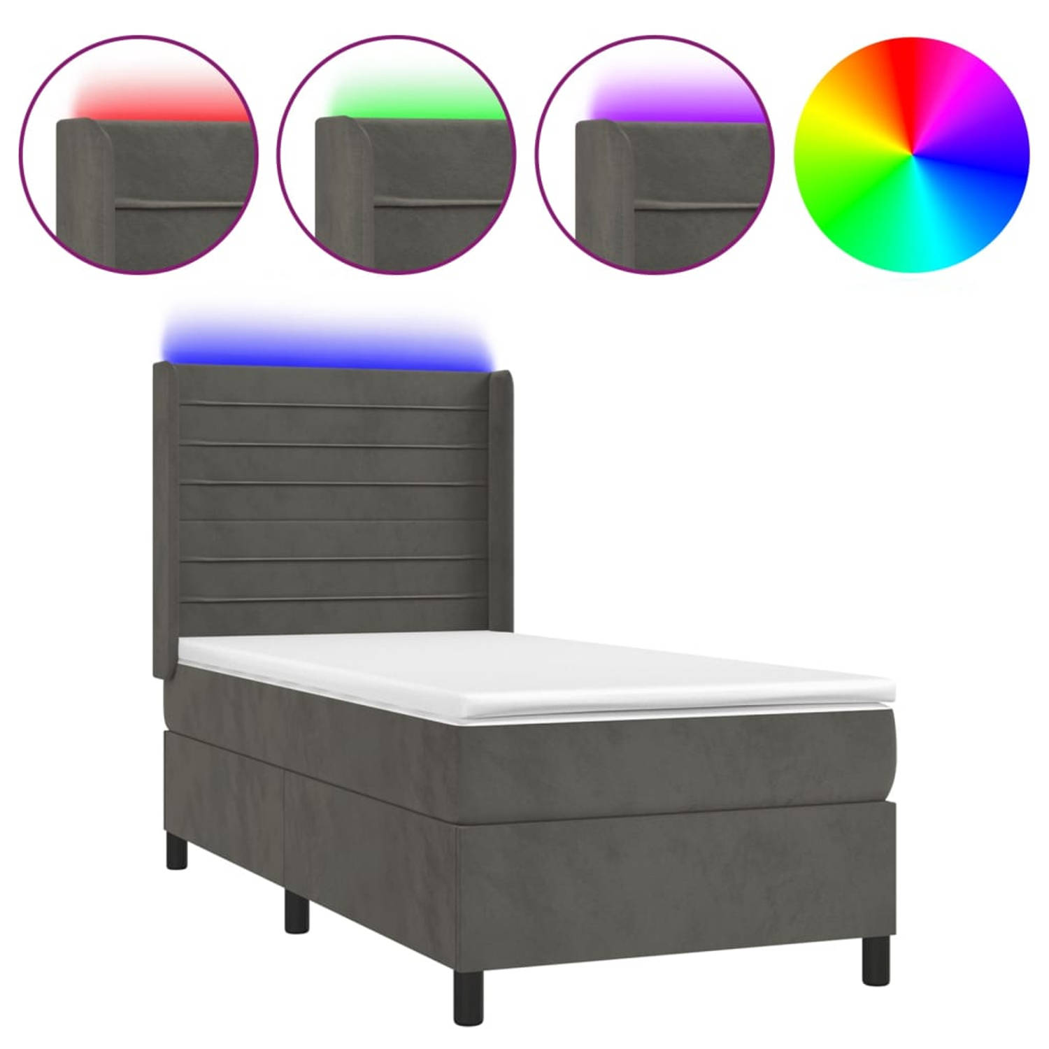 The Living Store Boxspring Bed - 203x103x118/128 cm - Zacht fluweel - Verstelbaar hoofdbord - Kleurrijke LED-verlichting - Pocketvering matras - Huidvriendelijk topmatras - Inclusi