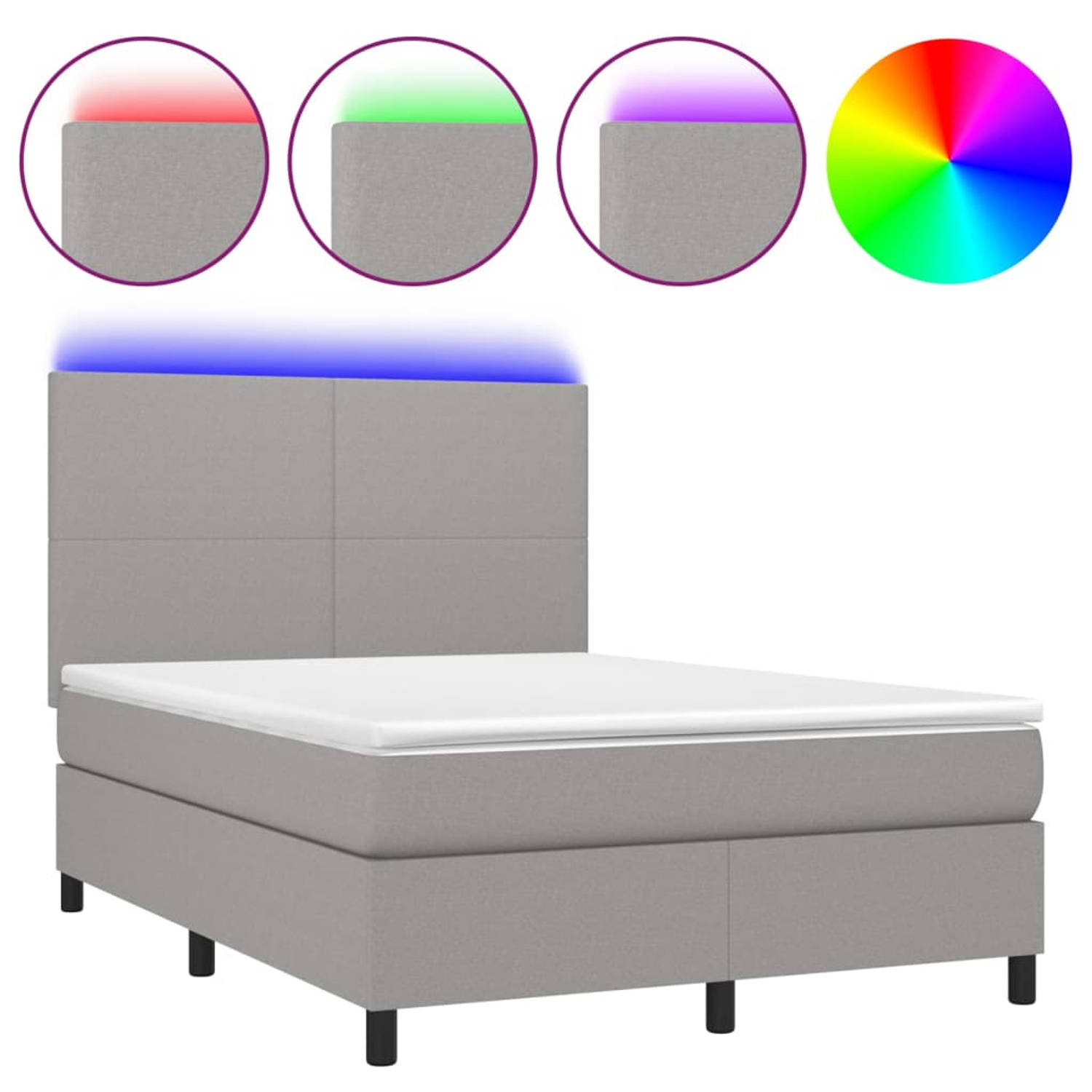 The Living Store Boxspring Bed - Lichtgrijze stof - 193 x 144 x 118/128 cm - Verstelbaar hoofdbord - Kleurrijke LED-verlichting - Pocketvering matras - Huidvriendelijk topmatras -