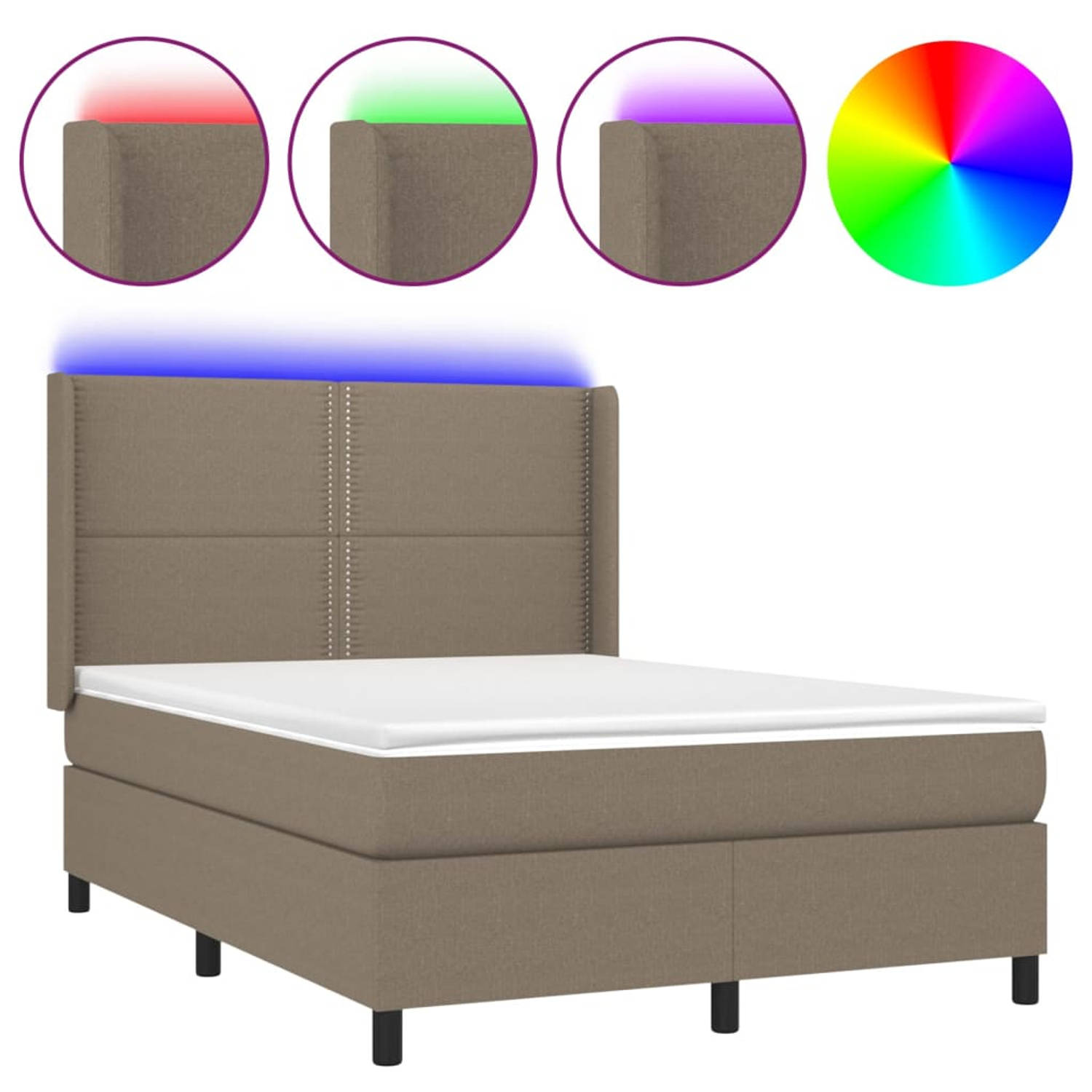 The Living Store Boxspring Bed - LED - Hoofdbord - Pocketvering Matras - Topmatras 140 x 190 x 20 cm - Wit/Taupe