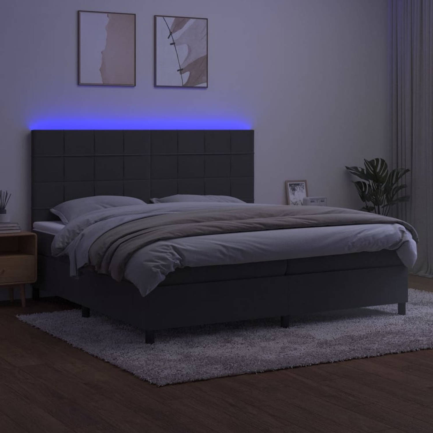 The Living Store Bed fluweel donkergrijs 203x200x118/128 cm - Pocketvering matras - Verstelbaar hoofdbord - Kleurrijke LED-verlichting
