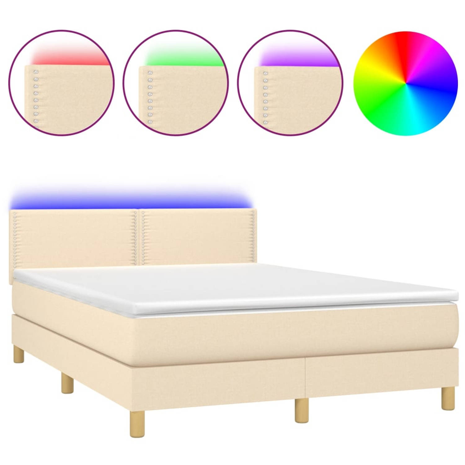 The Living Store Boxspring met matras en LED stof crèmekleurig 140x190 cm - Bed