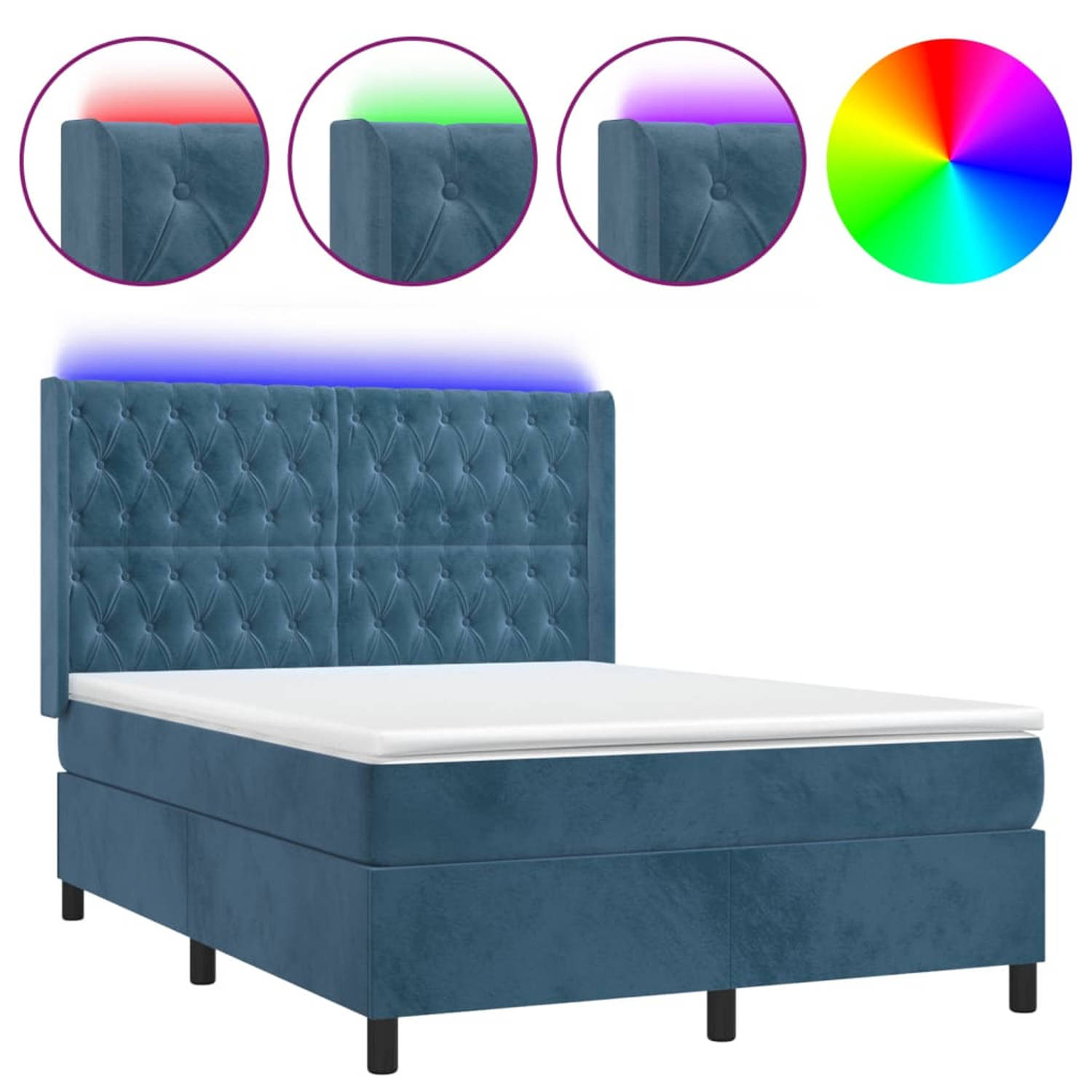 The Living Store Boxspring Bed - Donkerblauw Fluweel - 203 x 147 x 118/128 cm - Verstelbaar hoofdbord - Pocketvering matras - Huidvriendelijk topmatras - Kleurrijke LED-verlichting