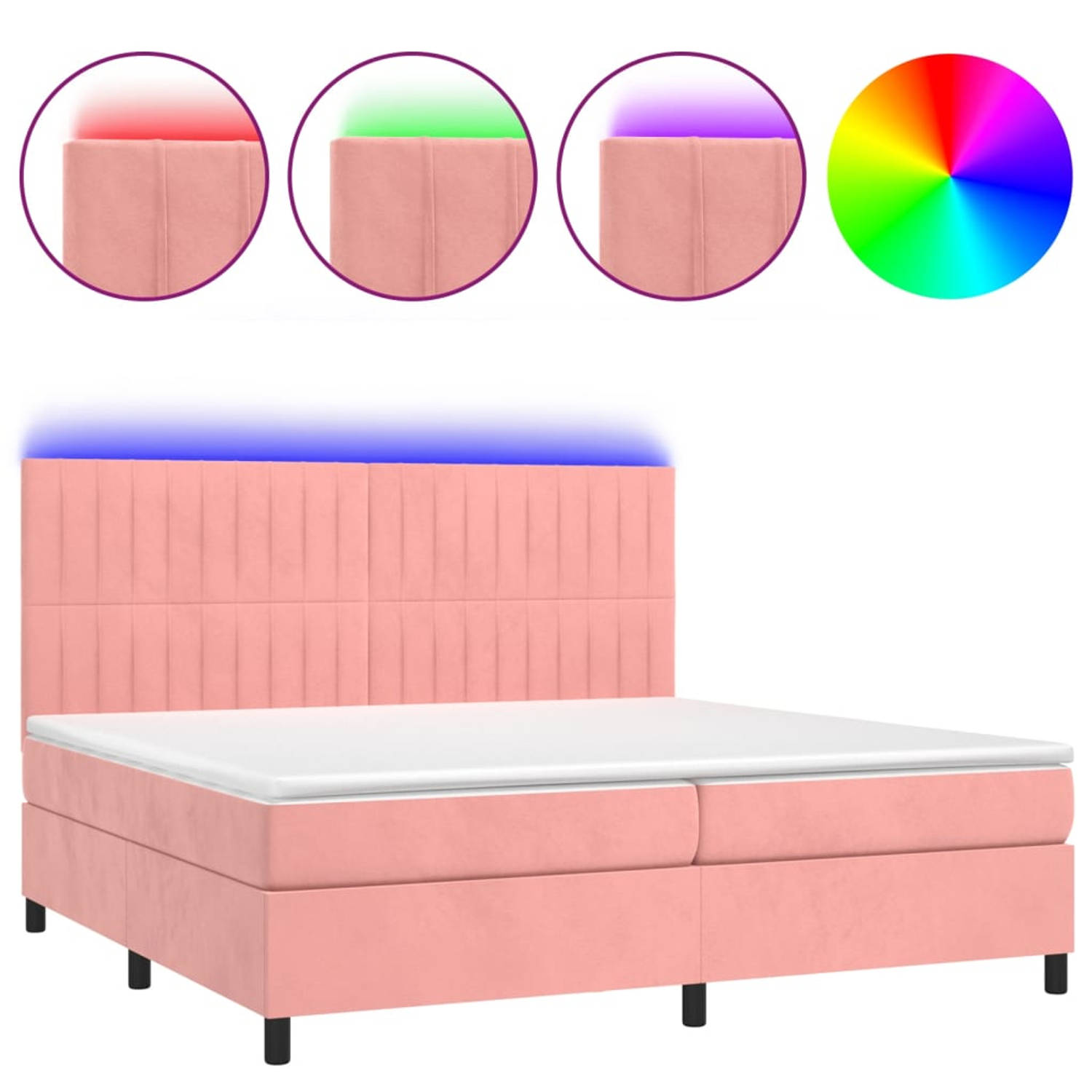 The Living Store Boxspring Pink Velvet - Bed with LED Lights - Pocket Spring Mattress - Skin-Friendly Topper - 203x200x118/128 cm - Pink - Velvet - Plywood - 2x100x200 cm Bed Mattr