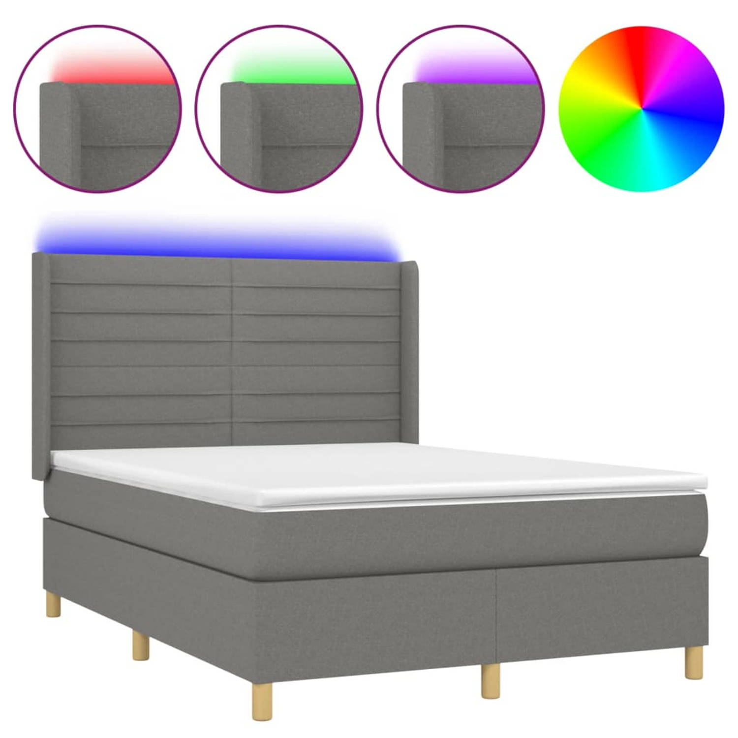 The Living Store Boxspring met matras en LED stof donkergrijs 140x200 cm - Bed