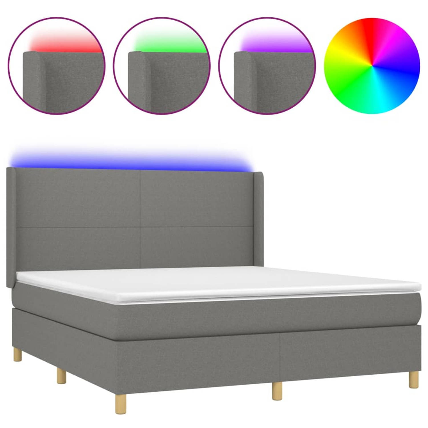 The Living Store Boxspring met matras en LED stof donkergrijs 160x200 cm - Bed