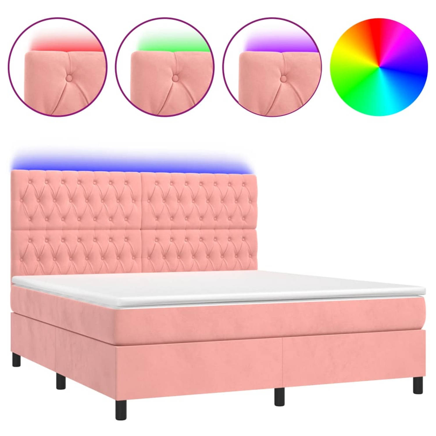 The Living Store Boxspring - Roze fluwelen bed met LED-verlichting - 160 x 200 cm - Pocketvering matras - Comfortabel topmatras - Inclusief montagehandleiding