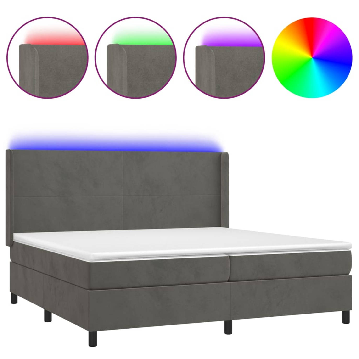 The Living Store Boxspring - fluweel - 203x203x118/128 cm - verstelbaar hoofdbord - LED-verlichting - pocketvering matras - huidvriendelijk topmatras - donkergrijs