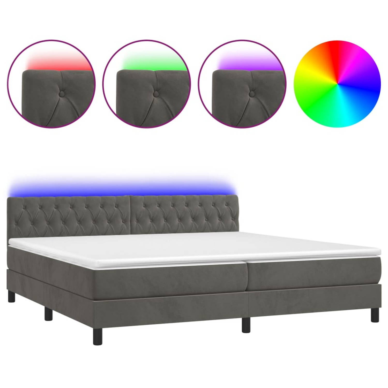 The Living Store Boxspring - The Living Store - Bed - Afmeting- 203 x 200 x 78/88 cm - Ken- Fluweel - verstelbaar hoofdbord - LED-verlichting - pocketvering matras - huidvriendelij