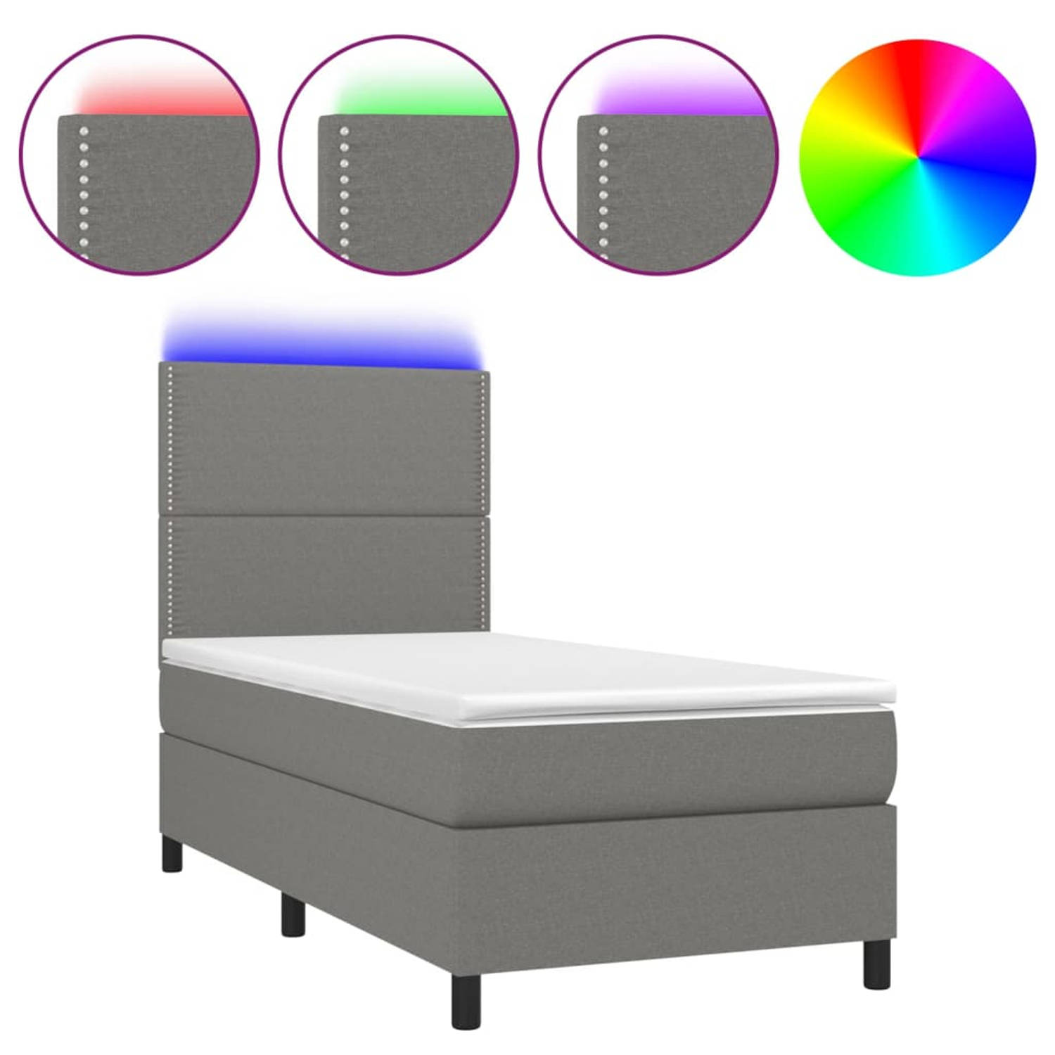 The Living Store Boxspring Bed - Donkergrijs - 203 x 80 x 118/128 cm - Verstelbaar hoofdbord - Kleurrijke LED-verlichting - Pocketvering matras - Huidvriendelijk topmatras - Met mo