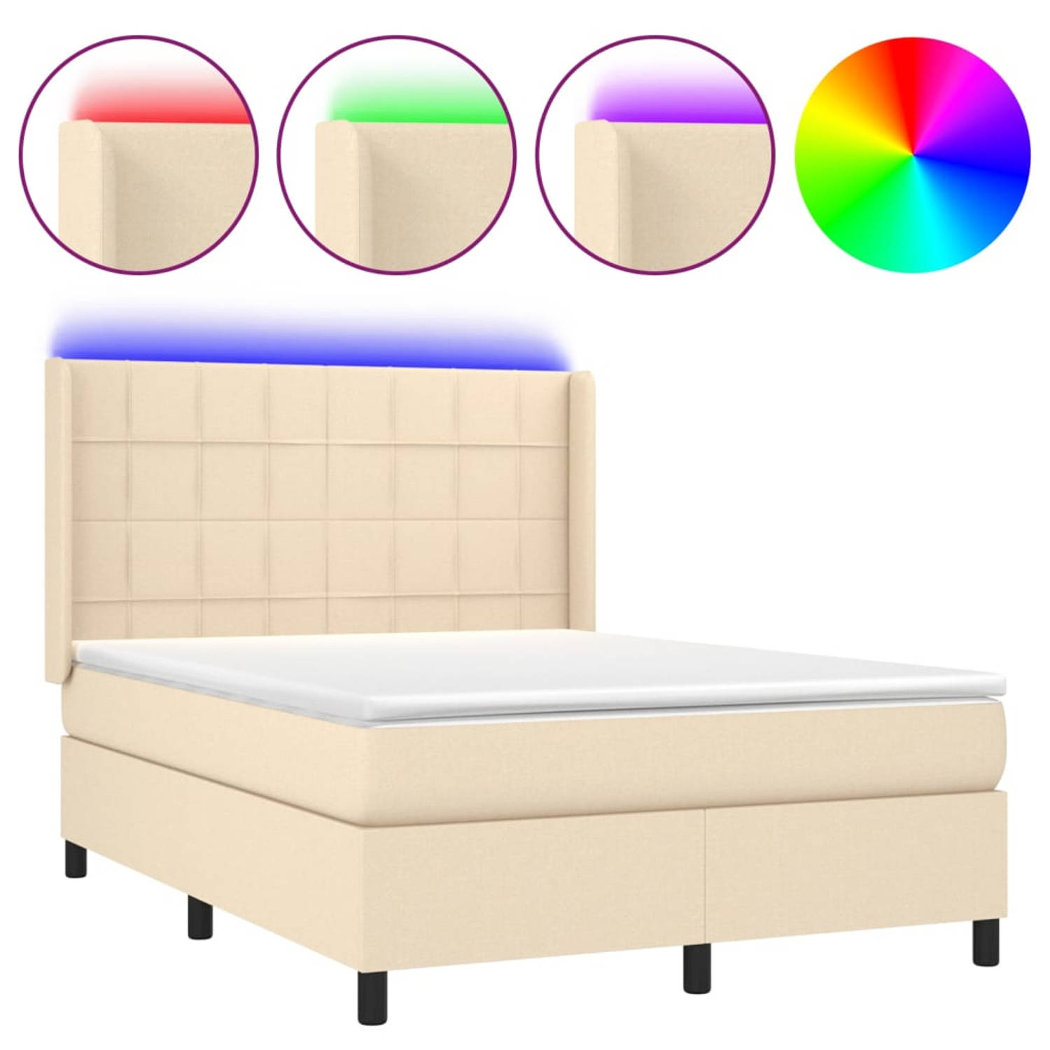 The Living Store Boxspring Bed - Crème - 203 x 147 x 118/128 cm - Verstelbaar hoofdbord - LED-verlichting -