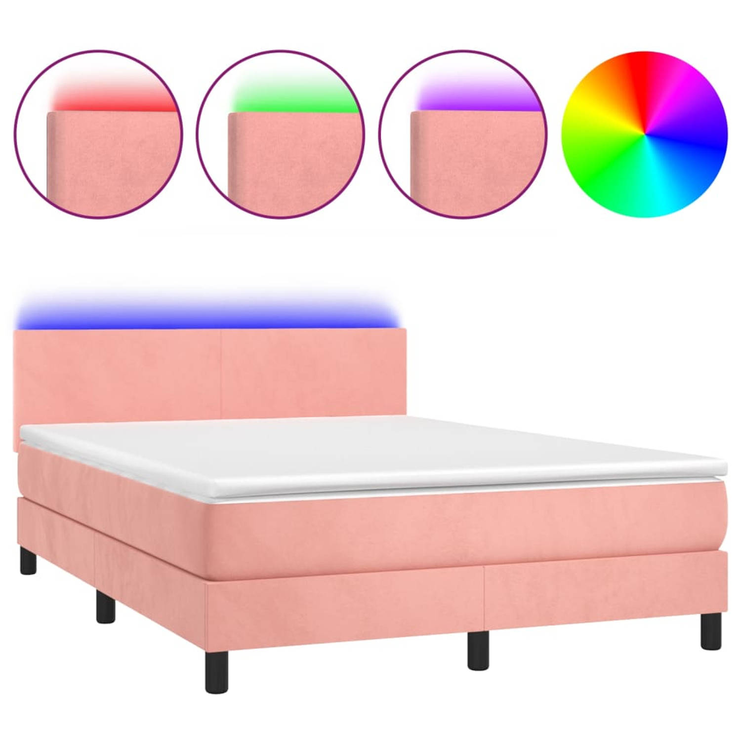 The Living Store Boxspring met matras en LED fluweel roze 140x190 cm - Bed