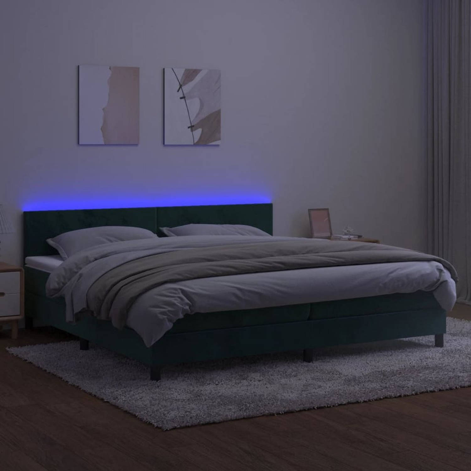 The Living Store Boxspring Bed - fluweel - donkergroen - 203 x 200 cm - verstelbaar hoofdbord - LED-verlichting - pocketvering matras - huidvriendelijk topmatras