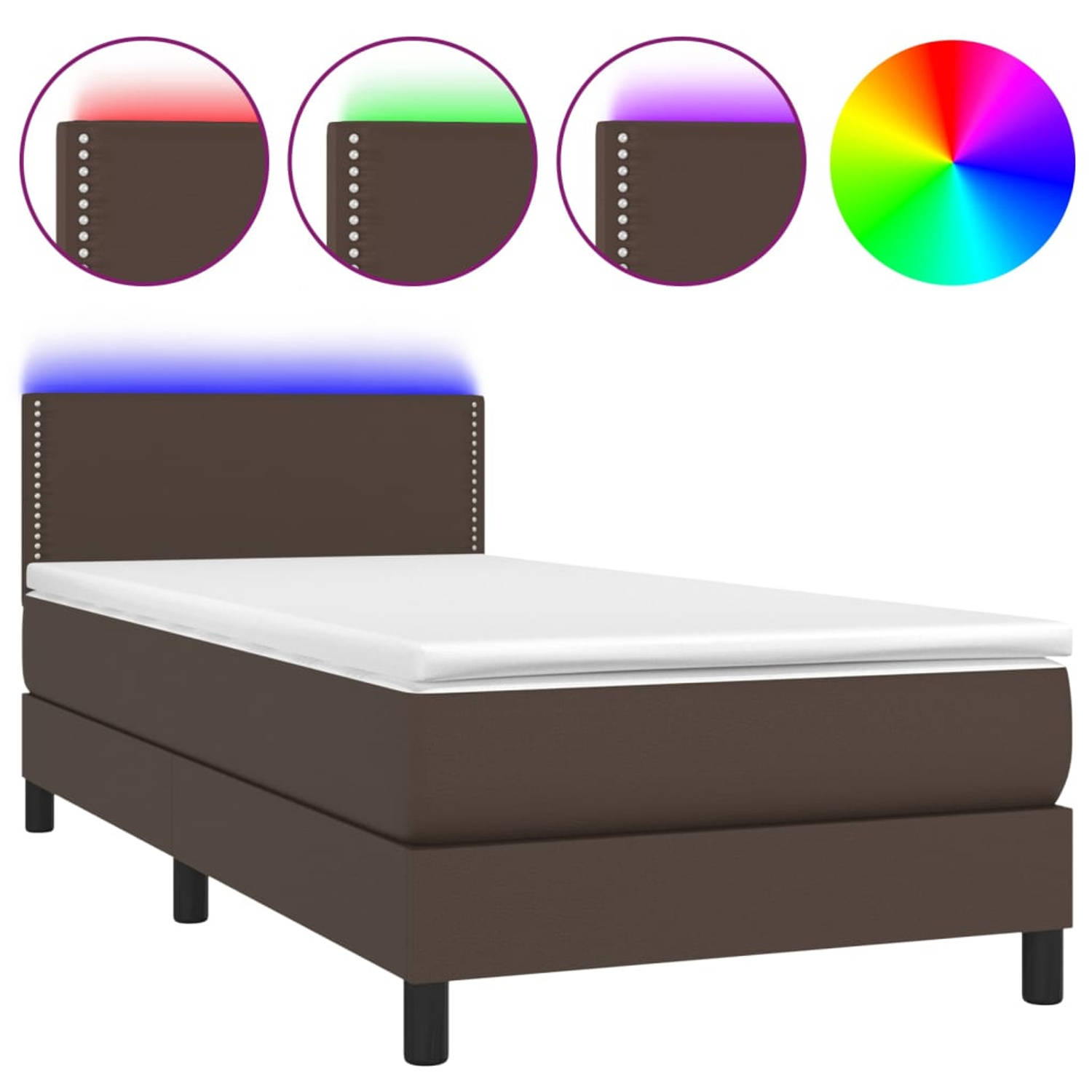 The Living Store Boxspring Bed - Bruin - Matras met LED - Kunstleer - Verstelbaar hoofdbord - Pocketvering - Huidvriendelijk - 203 x 100 x 78/88 cm