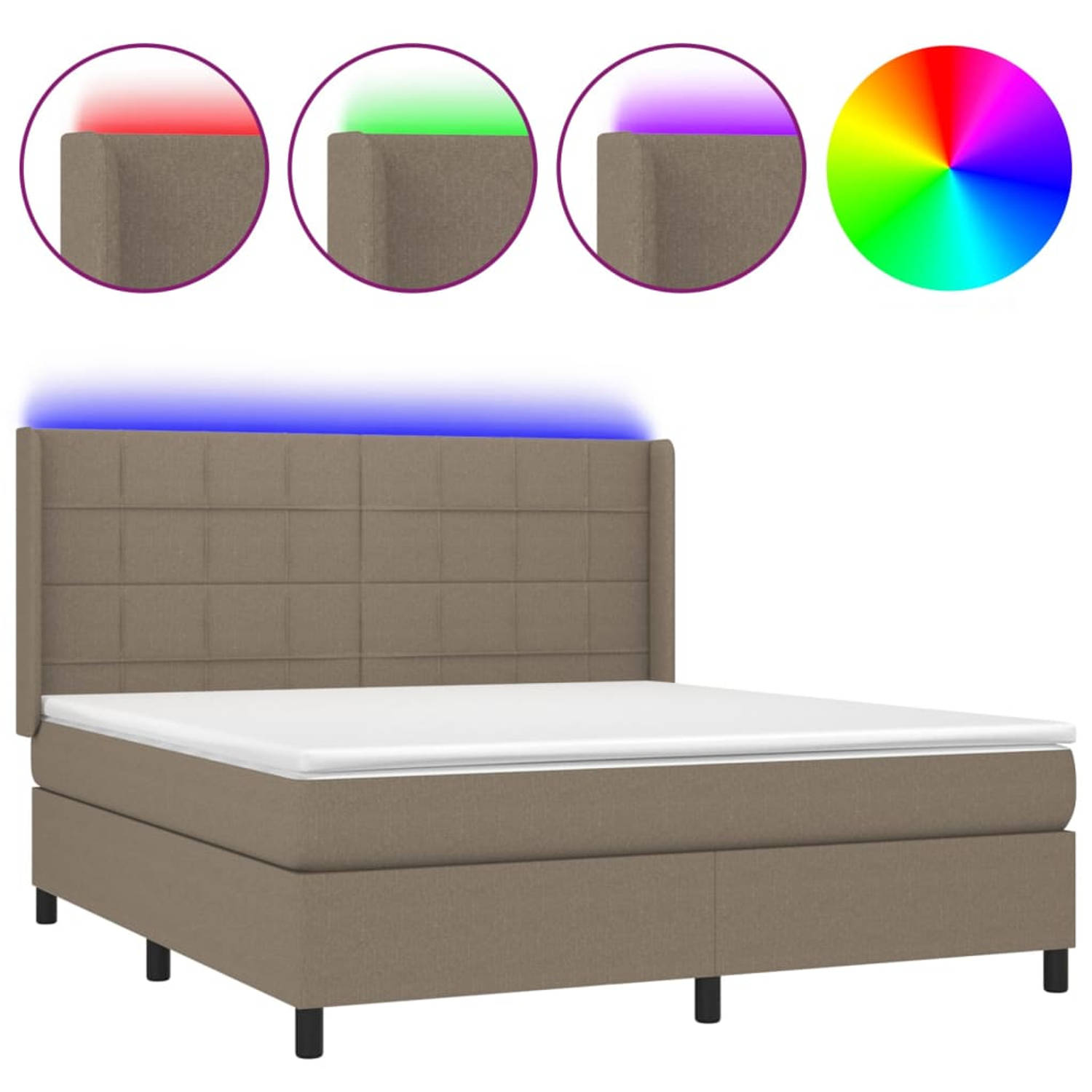 The Living Store Bed Boxspring - Taupe - 203 x 163 x 118/128 cm - Verstelbaar hoofdbord - Kleurrijke LED-verlichting - Pocketvering matras - Huidvriendelijk topmatras - Inclusief m