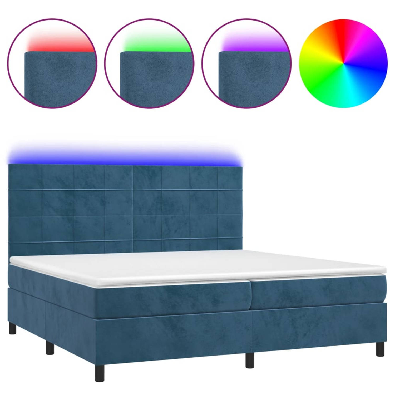 The Living Store Boxspring - donkerblauw fluweel - 203 x 200 cm - verstelbaar hoofdbord - kleurrijke LED-verlichting - pocketvering matras - huidvriendelijk topmatras - montagehand