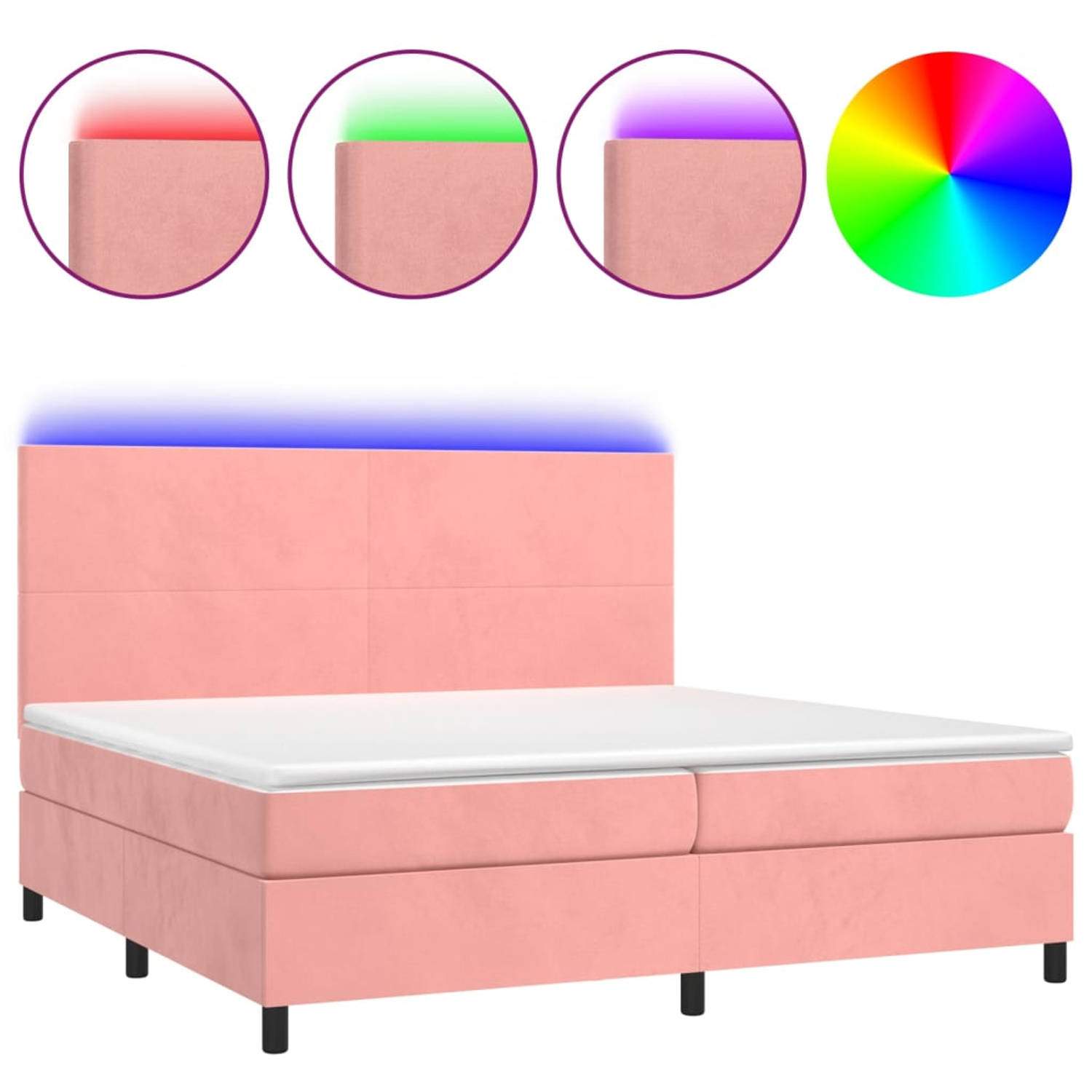 The Living Store Bed - Fluweel Roze - Boxspring 203x200x118/128 - Verstelbaar hoofdbord - Pocketvering matras - Huidvriendelijk topmatras - Kleurrijke LED-verlichting - Inclusief m