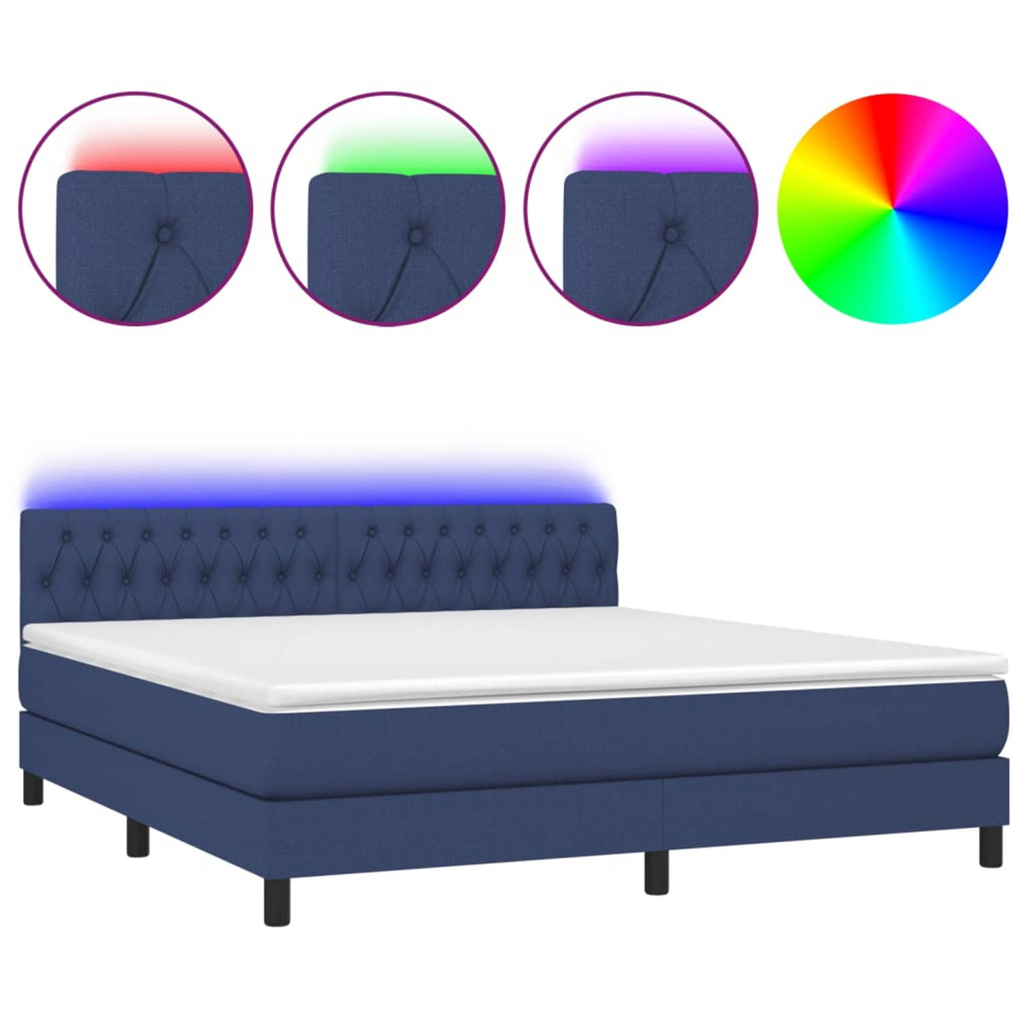 The Living Store Boxspring - Blauw - Bedframe met verstelbaar hoofdbord - 203 x 160 x 78/88 cm - LED-verlichting - Pocketvering matras - Huidvriendelijk topmatras - Complete set