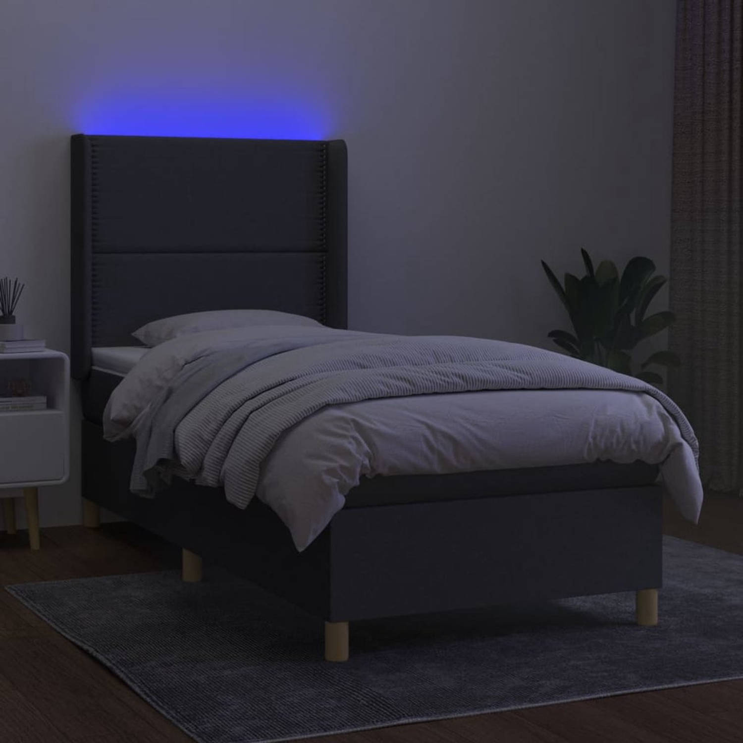 The Living Store Boxspring Bed - Donkergrijs - 203 x 93 x 118/128 cm - Verstelbaar hoofdbord - Kleurrijke LED-verlichting - Pocketvering matras - Huidvriendelijk topmatras - Inclus