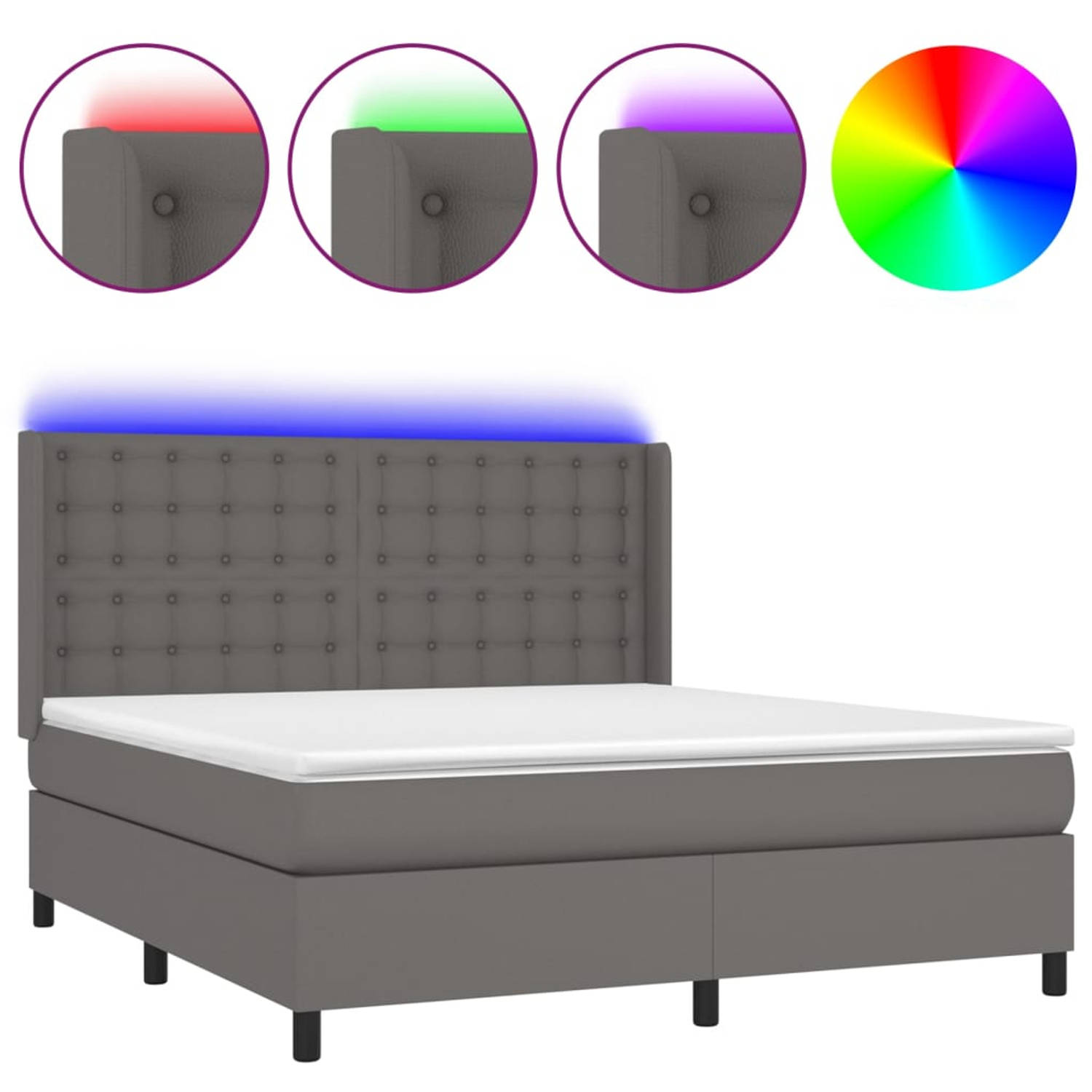 The Living Store Bed - Boxspring - 203x163x118/128 cm - Grijs - Kunstleren Bed met LED en Verstelbaar Hoofdbord -