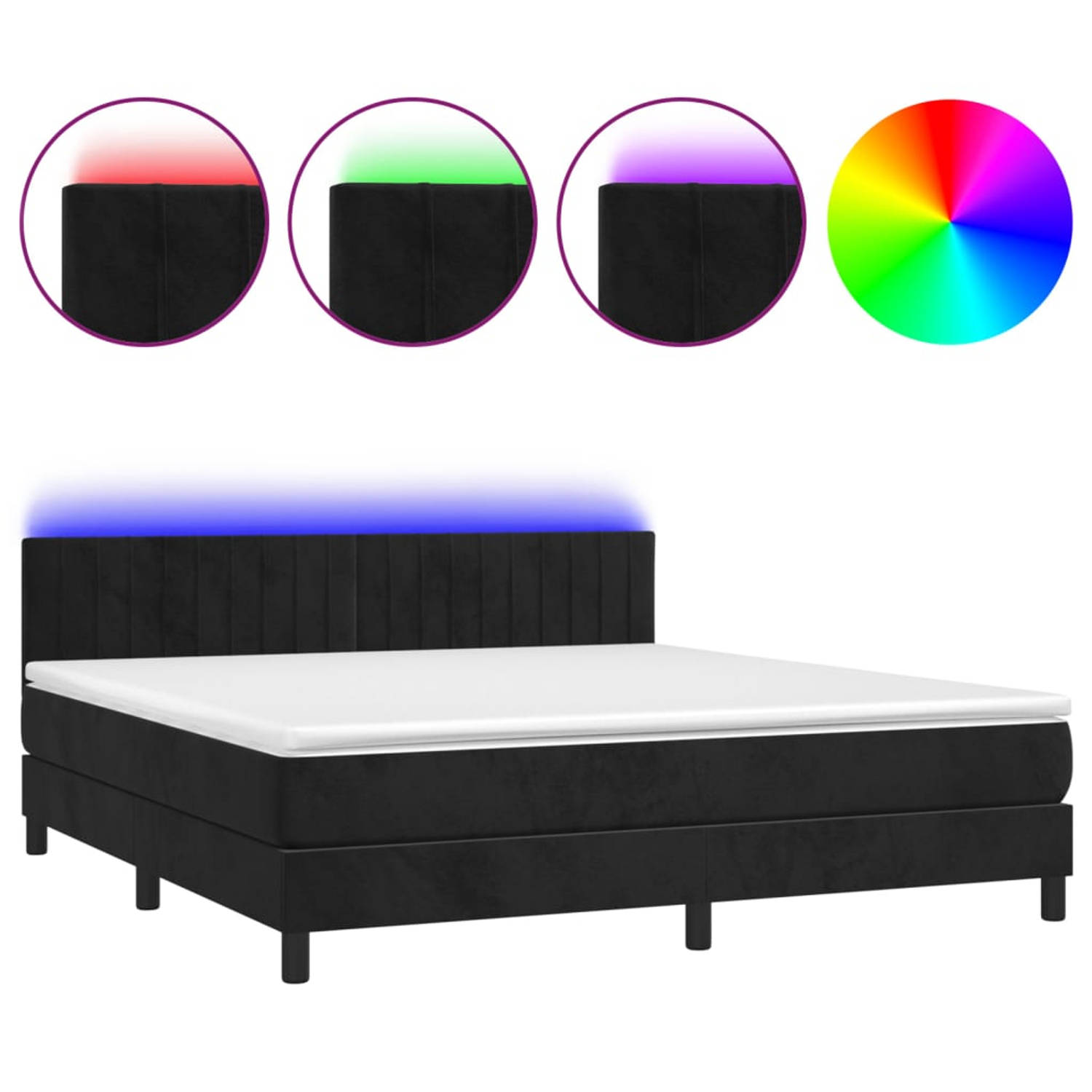 The Living Store Boxspring - Zwart Fluweel - 203 x 160 x 78/88 cm - Verstelbaar hoofdbord - Kleurrijke LED-verlichting - Pocketvering matras - Huidvriendelijk topmatras - Inclusief